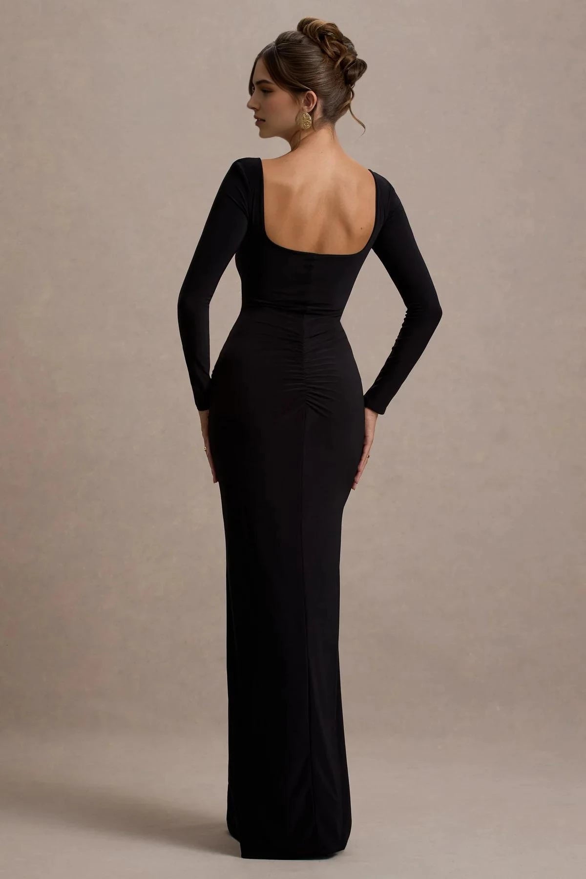 Riveting Mermaid Square Neck Long Sleeve Ruched Back High Slit Floor Length Evening Dress
