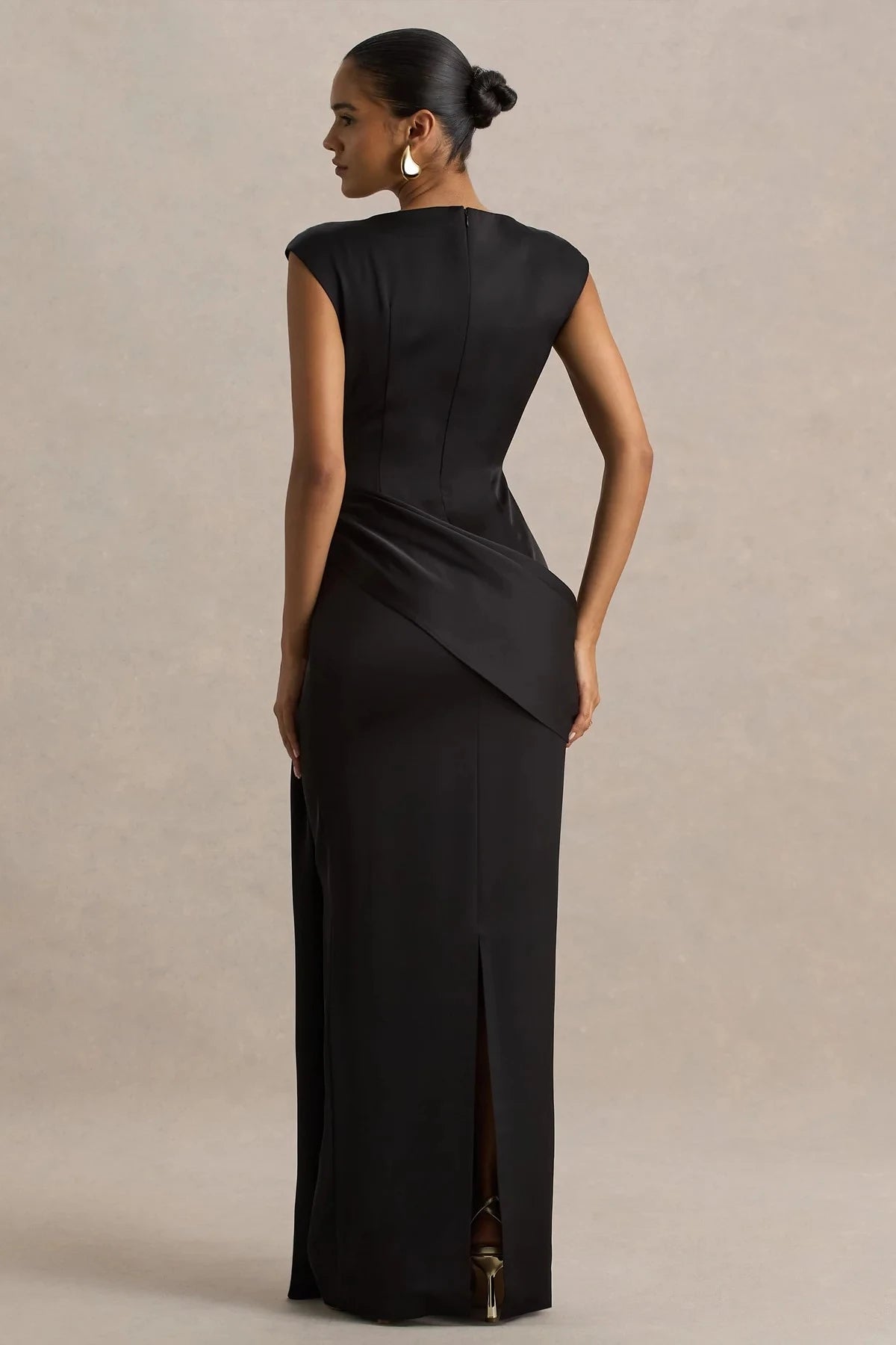 Riveting Sheath Boat Neck Cap Sleeve Draped Side Metal Accent Floor Length Evening Dress