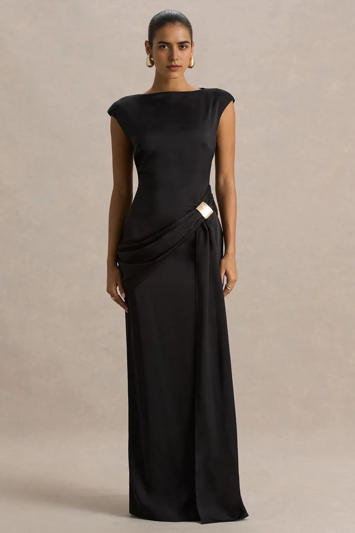 Riveting Sheath Boat Neck Cap Sleeve Draped Side Metal Accent Floor Length Evening Dress