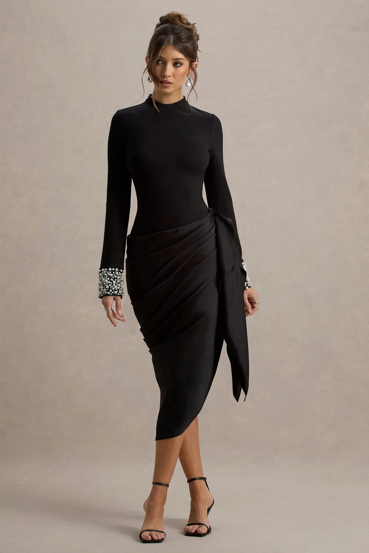 Riveting Sheath High Neck Long Sleeve Pearl Embellished Asymmetric Floor Length Evening Dress