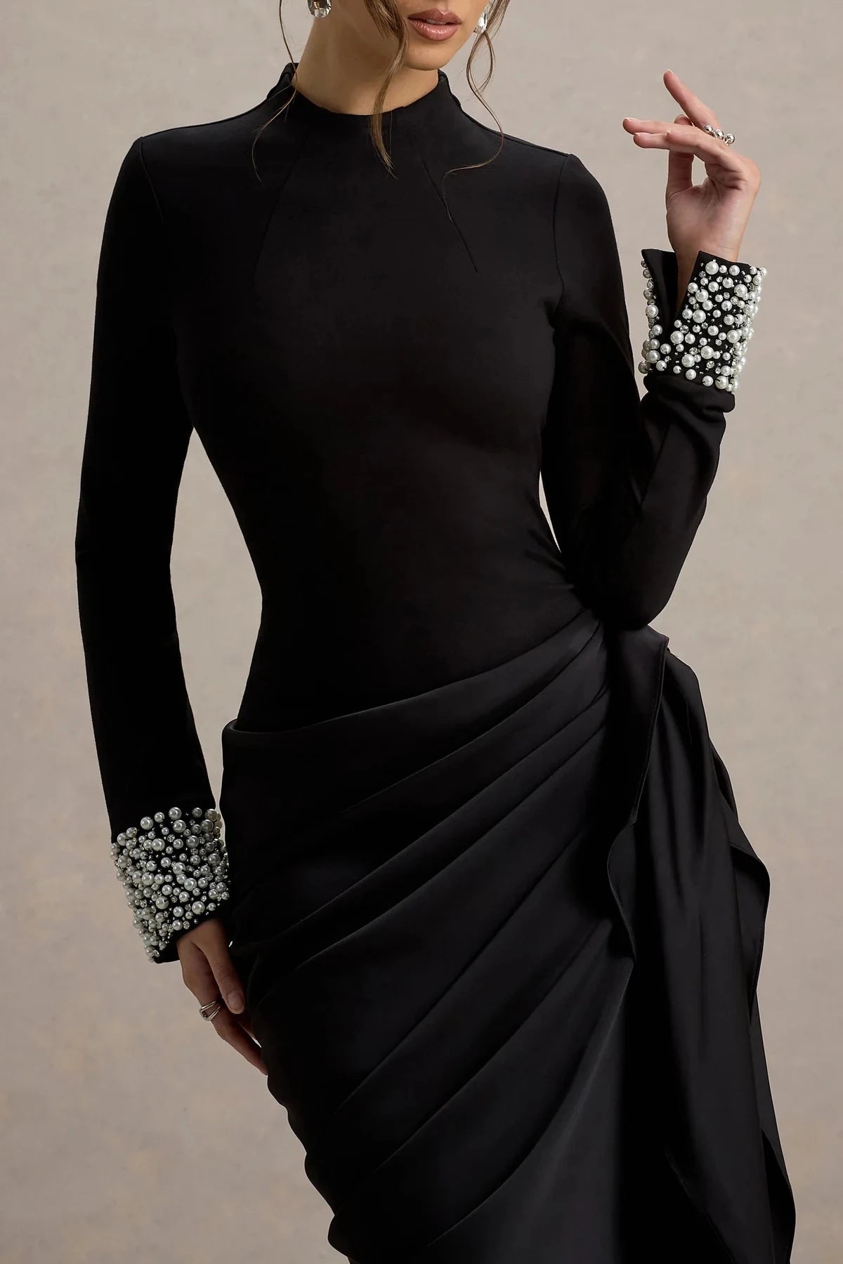 Riveting Sheath High Neck Long Sleeve Pearl Embellished Asymmetric Floor Length Evening Dress