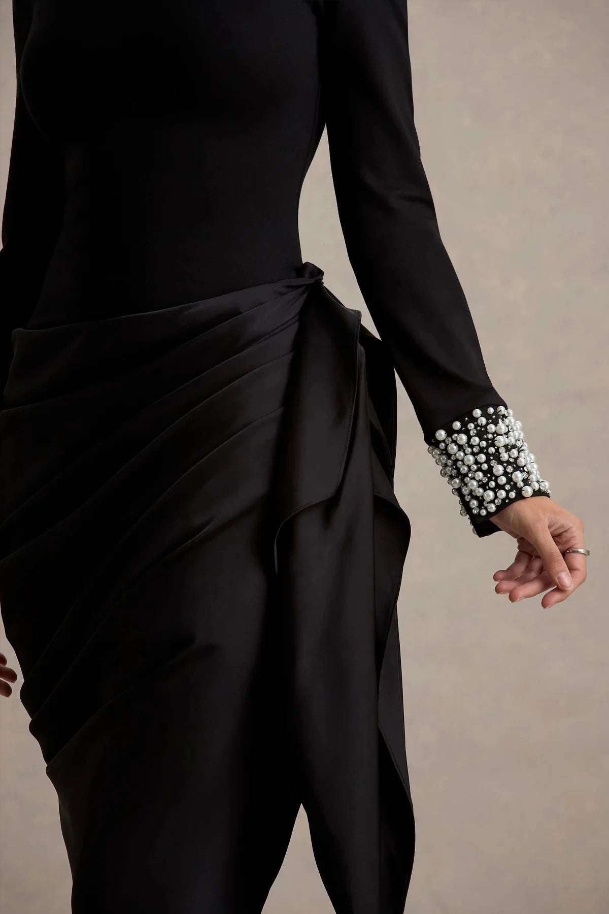 Riveting Sheath High Neck Long Sleeve Pearl Embellished Asymmetric Floor Length Evening Dress