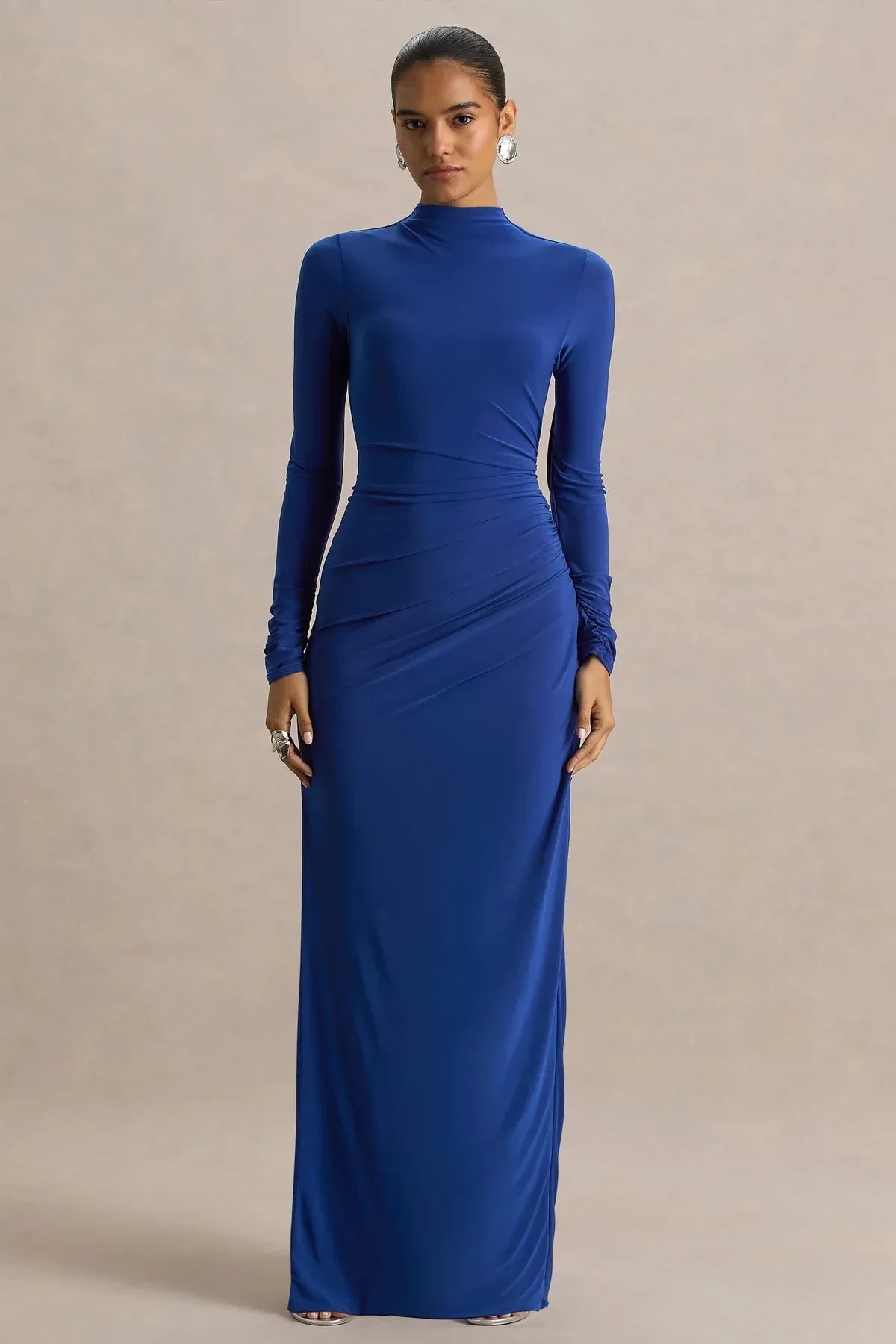 Riveting Sheath High Neck Long Sleeve Ruched Back Floor Length Evening Dress