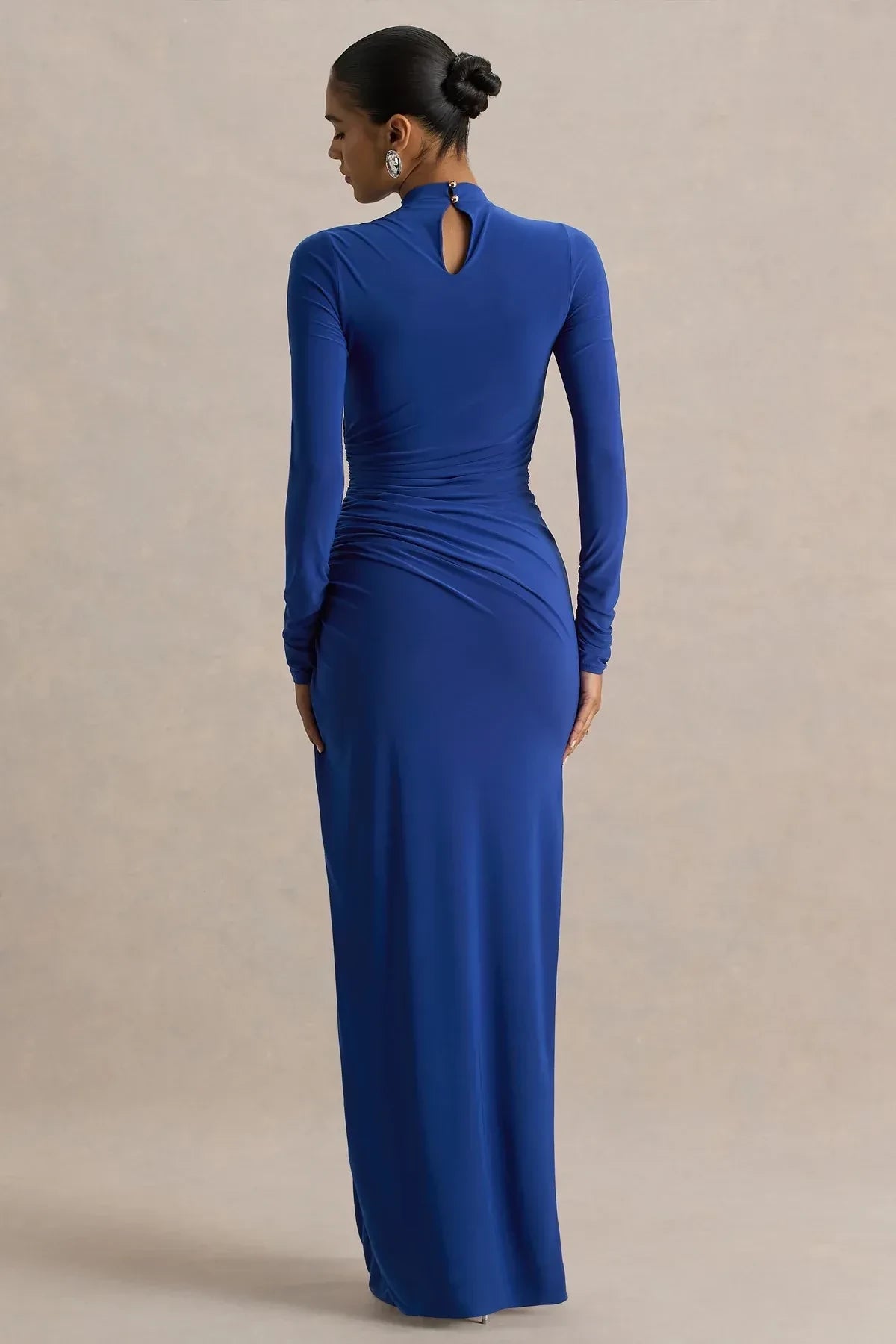Riveting Sheath High Neck Long Sleeve Ruched Back Floor Length Evening Dress