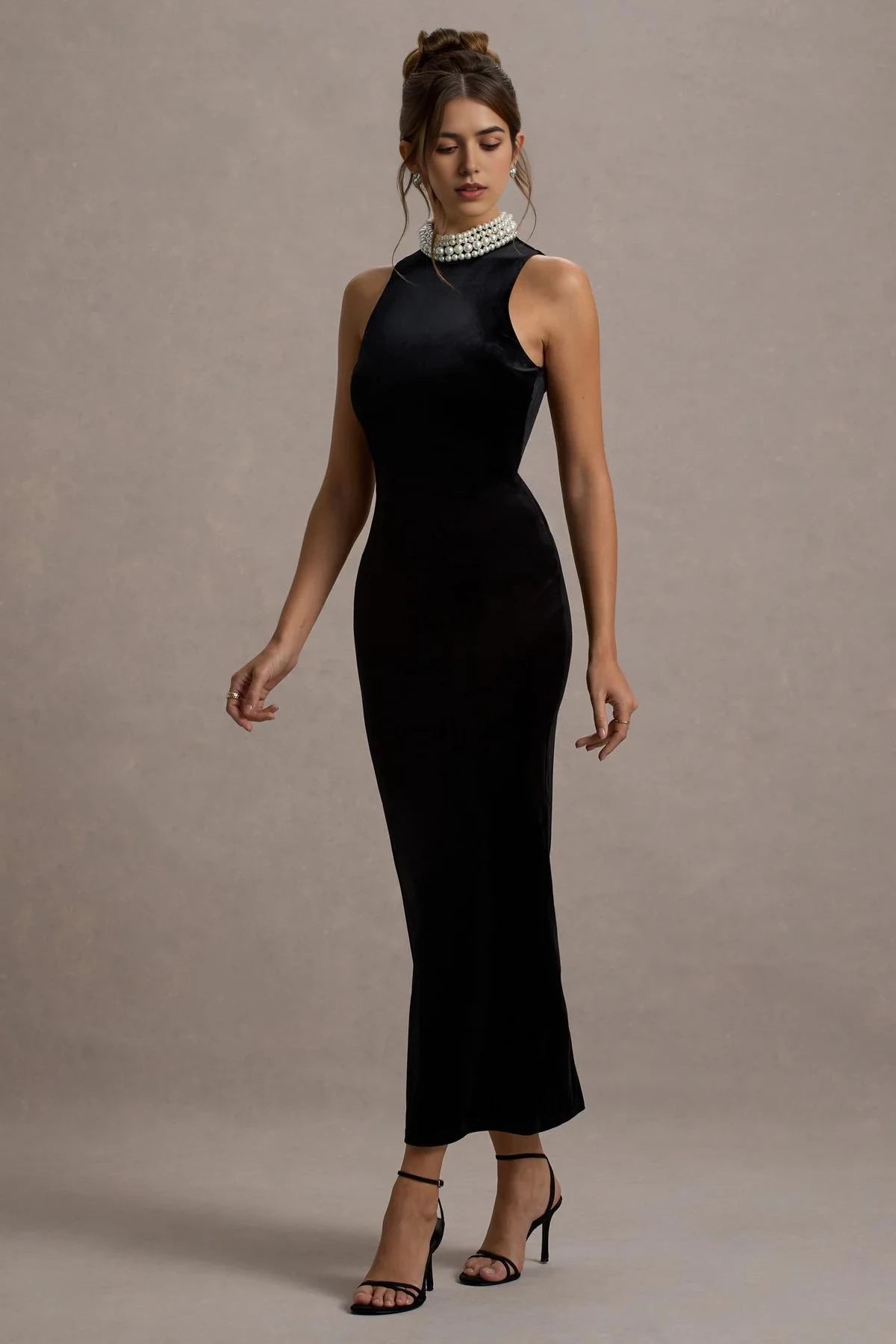 Riveting Sheath Mock Neck Sleeveless Pearl Collar Open Back Floor Length Evening Dress