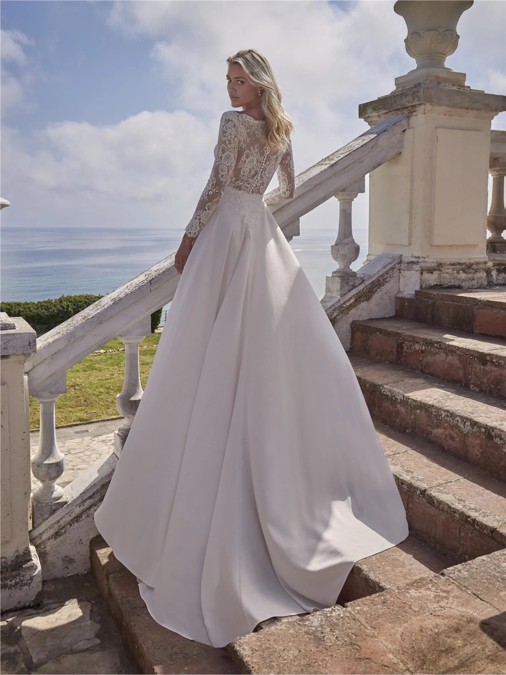Romantic A Line Boat Neck Lace Long Sleeve Open Back Floor Length Wedding Dress