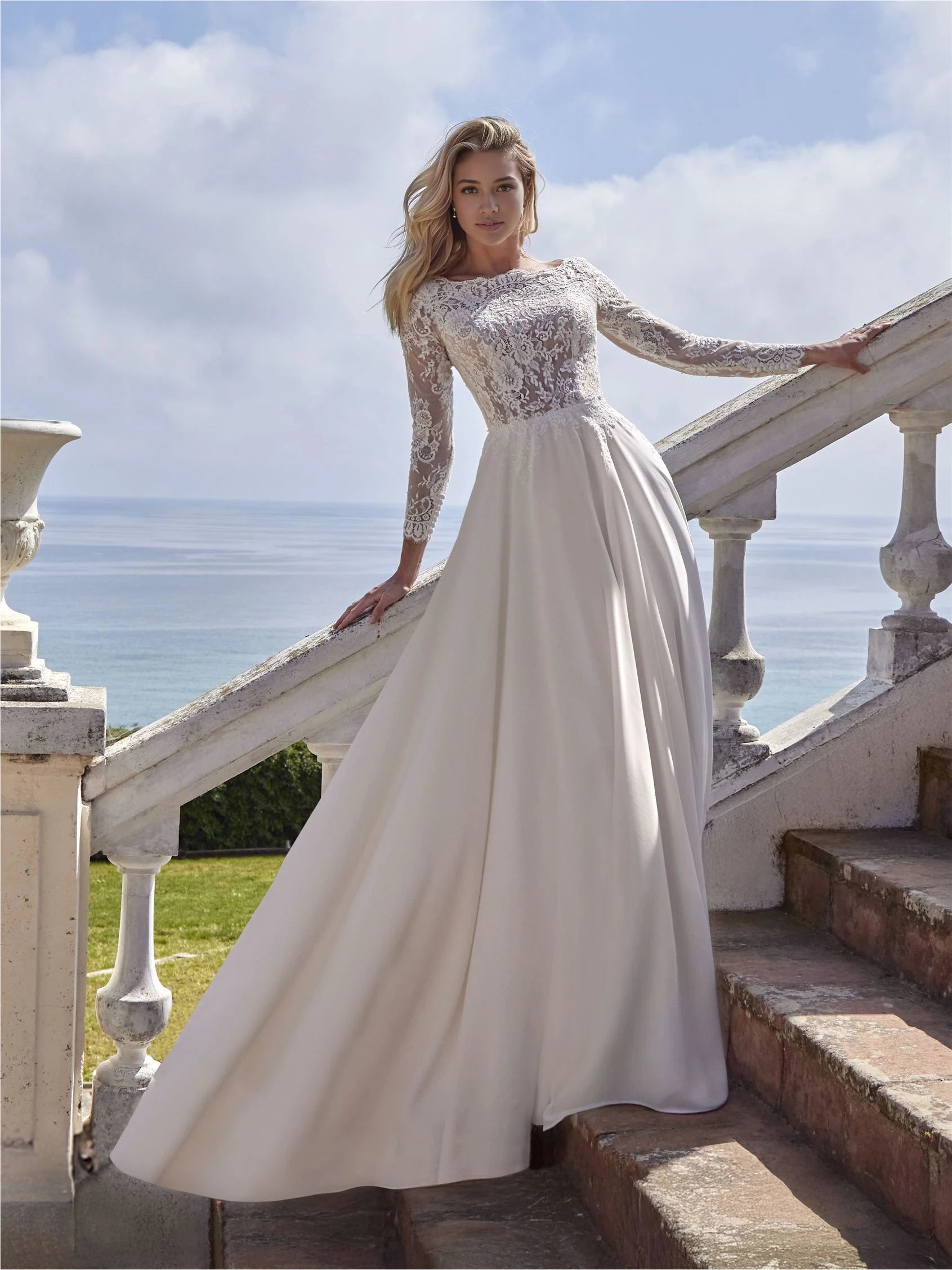 Romantic A Line Boat Neck Lace Long Sleeve Open Back Floor Length Wedding Dress