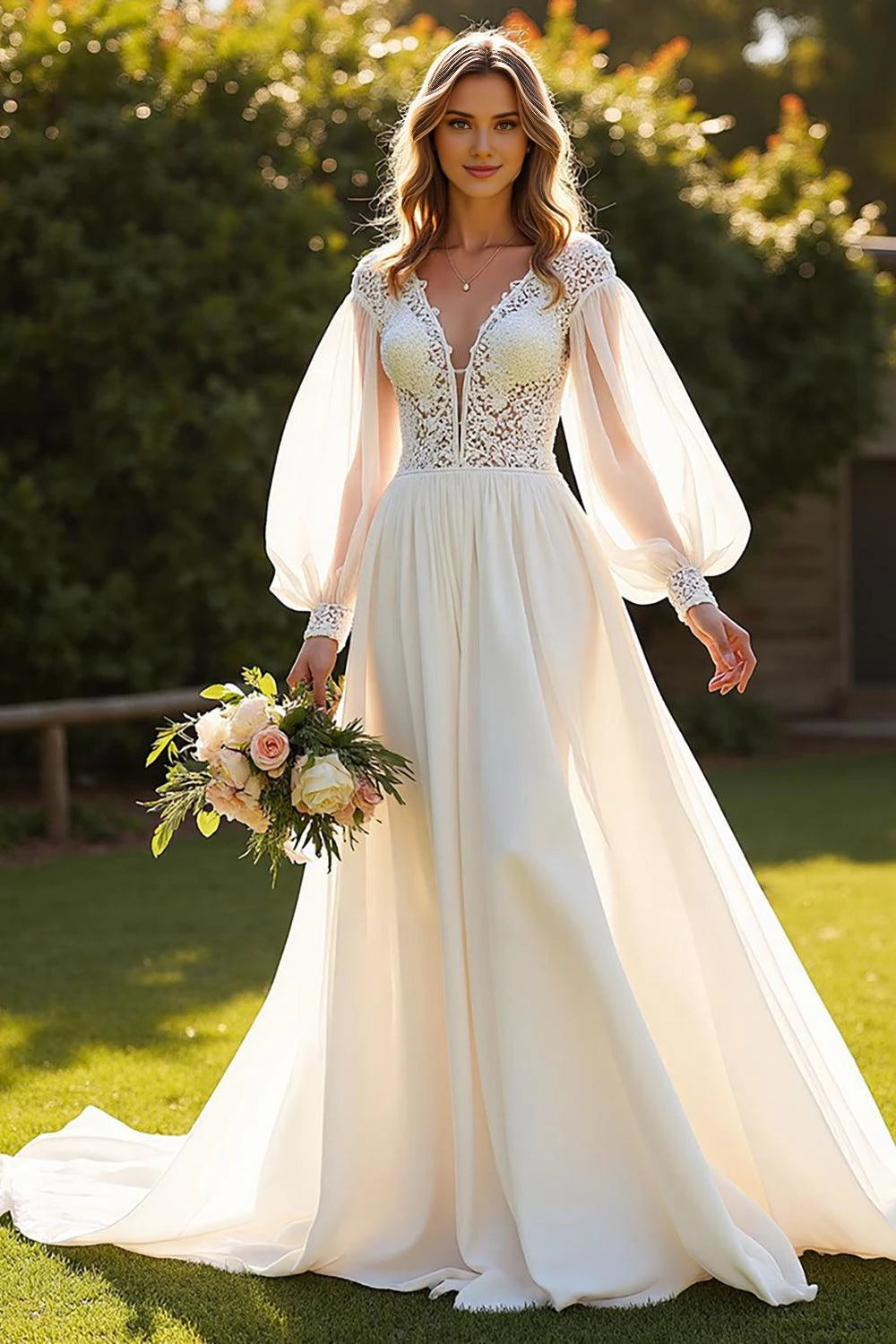 Romantic A Line Deep V Neck Bishop Sleeve Open Back Floor Length Wedding Dress