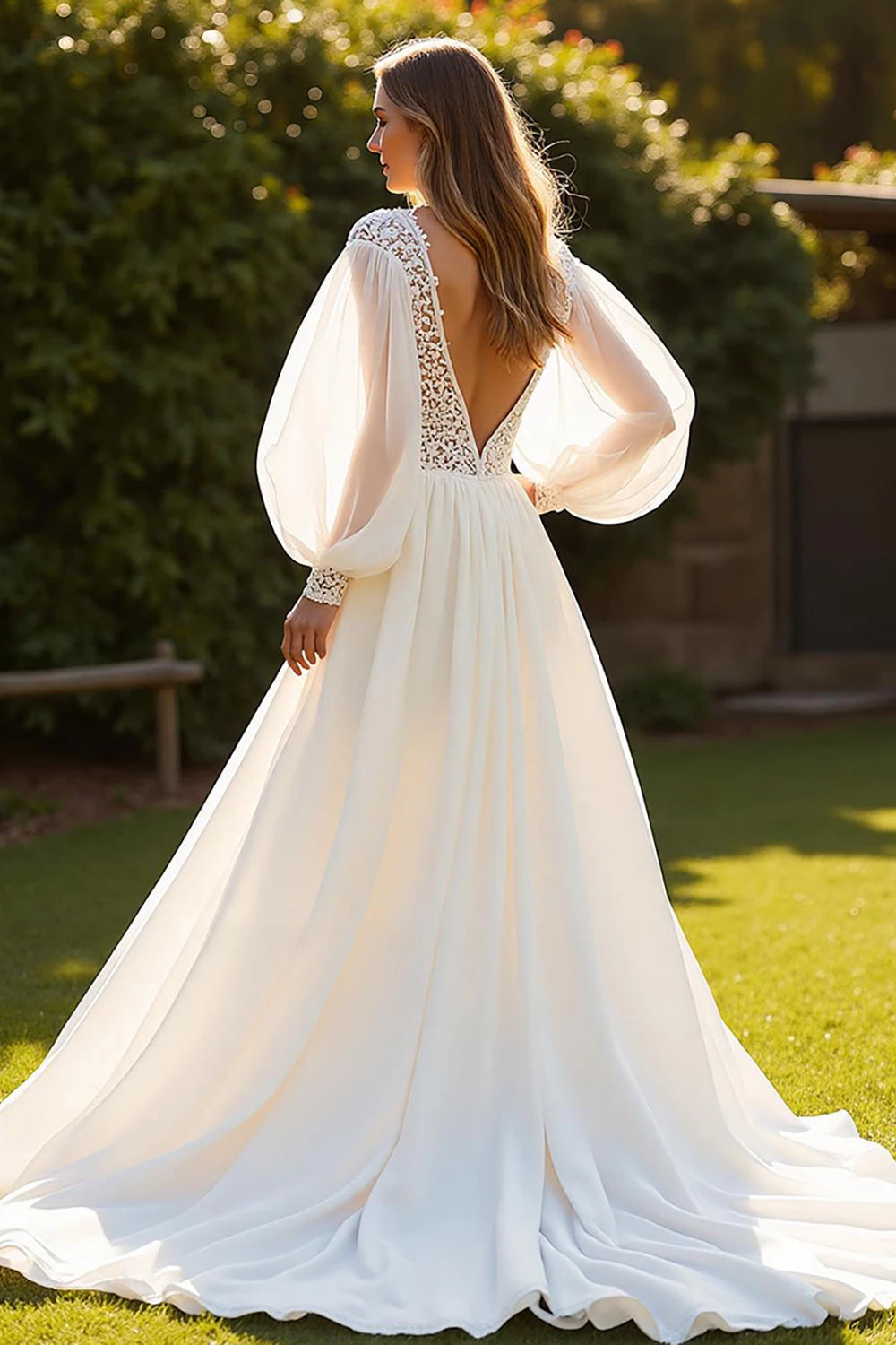 Romantic A Line Deep V Neck Bishop Sleeve Open Back Floor Length Wedding Dress