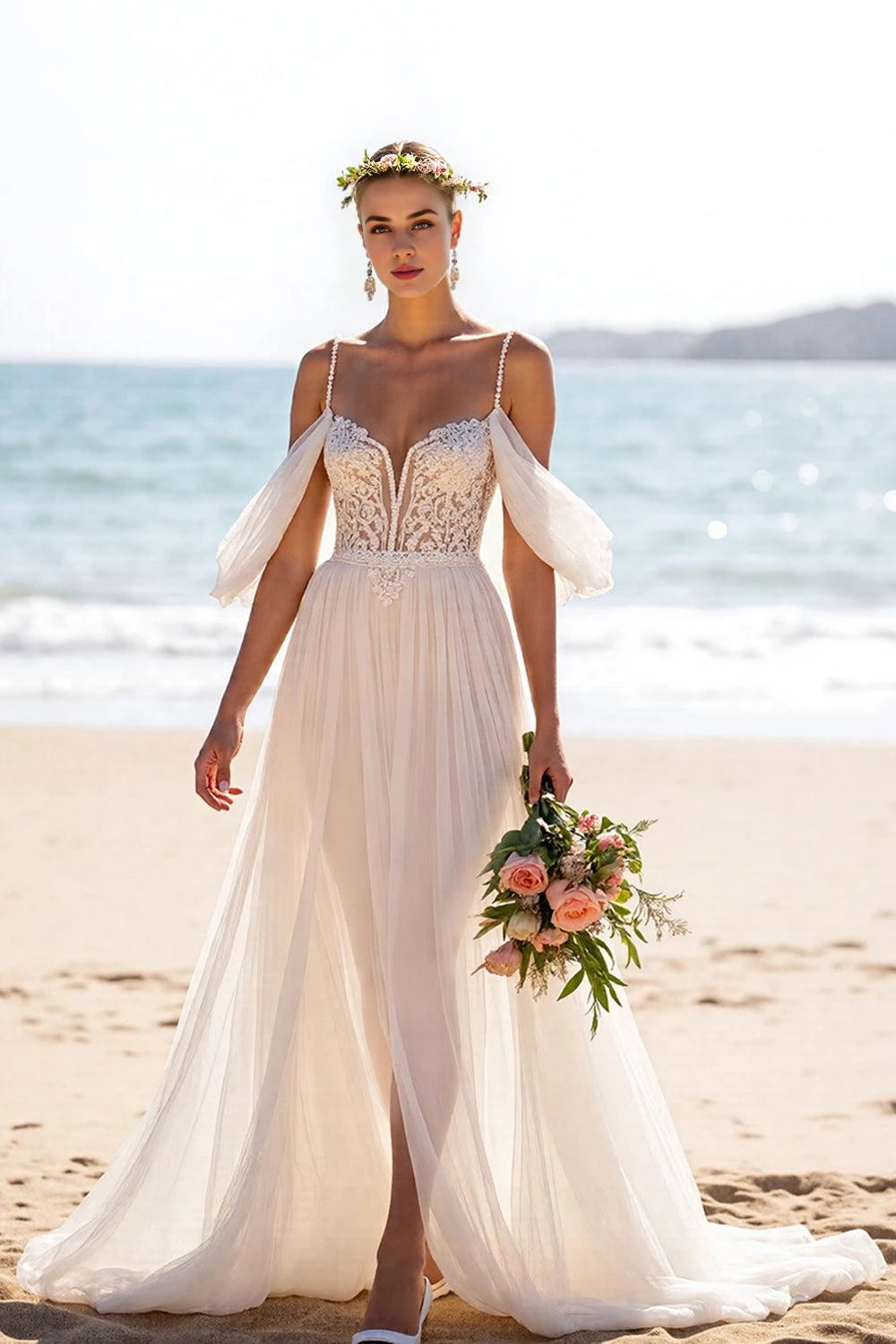 Romantic A Line Deep V Neck Cold Shoulder Sleeve Open Back Floor Length Wedding Dress