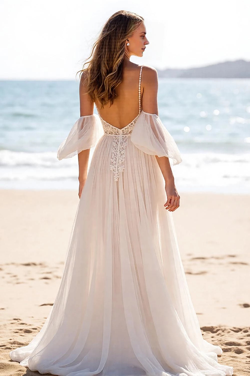 Romantic A Line Deep V Neck Cold Shoulder Sleeve Open Back Floor Length Wedding Dress