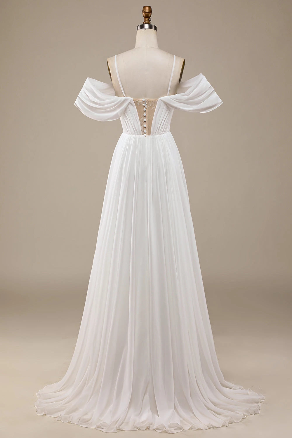 Romantic A Line Deep V Neck Off Shoulder Open Back Floor Length Wedding Dress