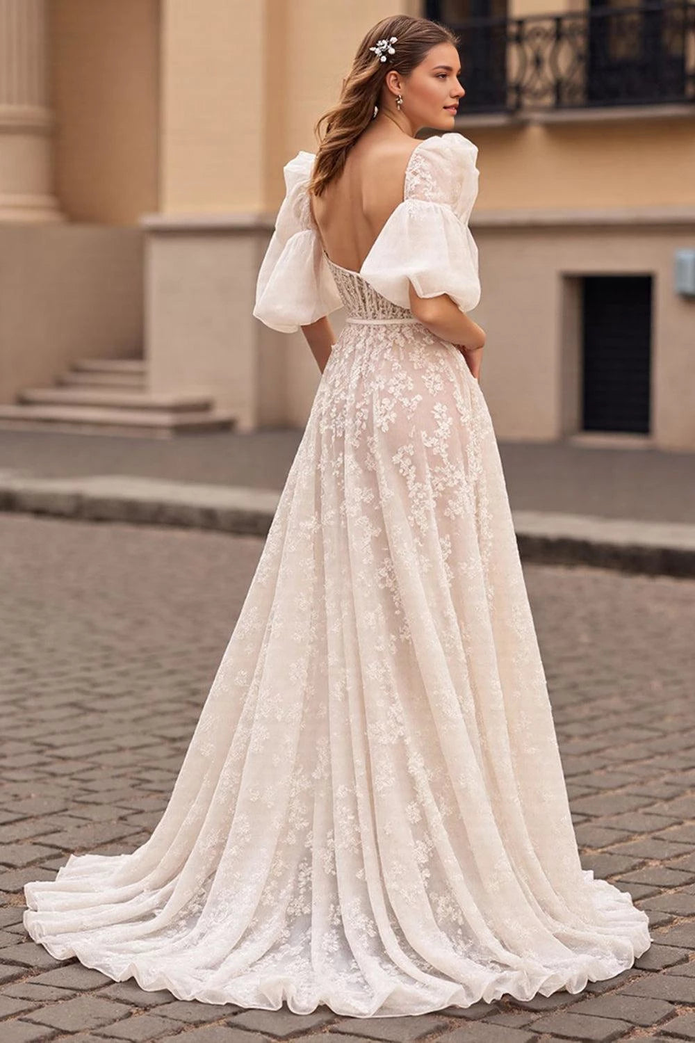 Romantic A Line Deep V Neck Puff Sleeve Open Back Floor Length Wedding Dress