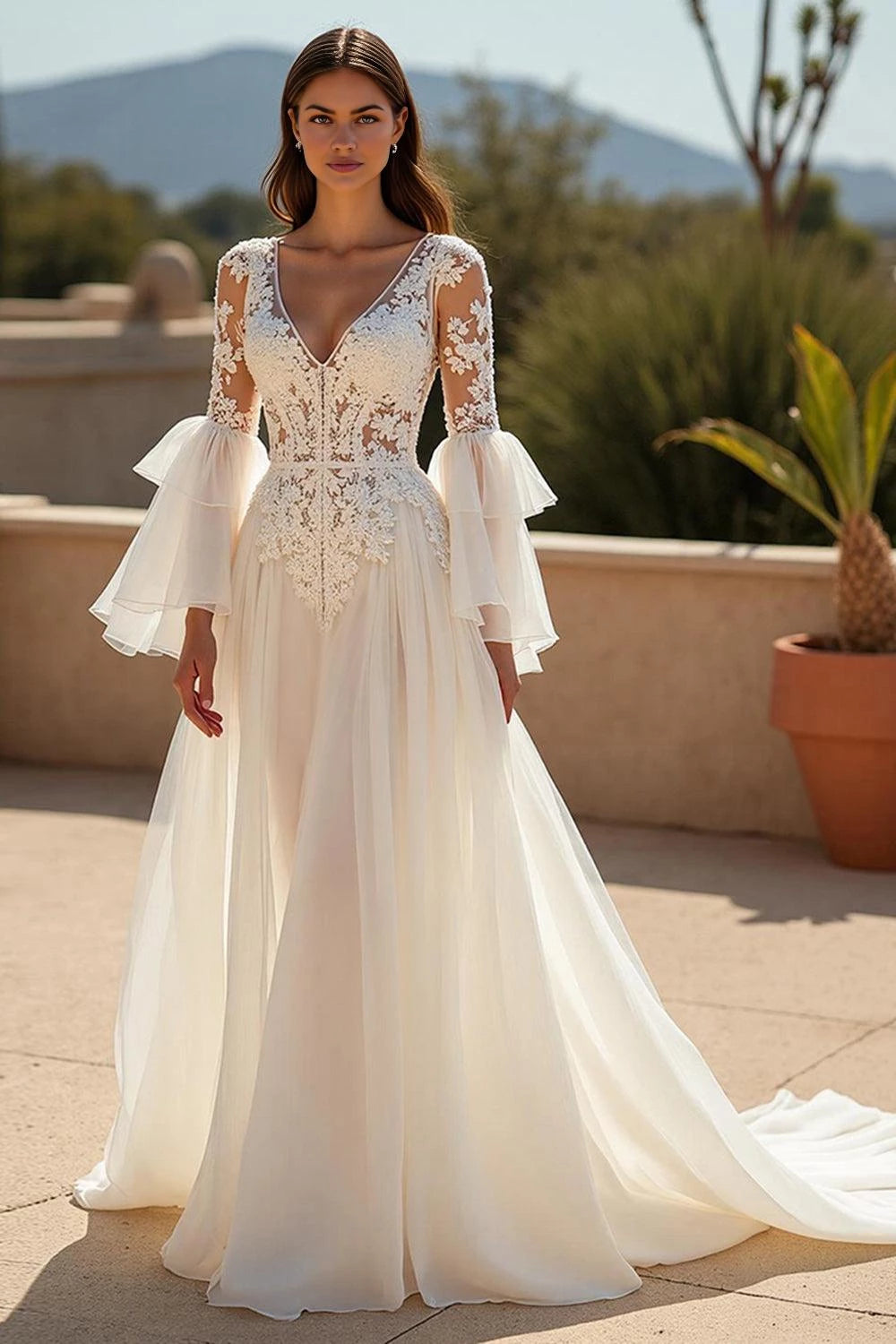 Romantic A Line Deep V Neck Ruffle Sleeve Open Back Floor Length Wedding Dress