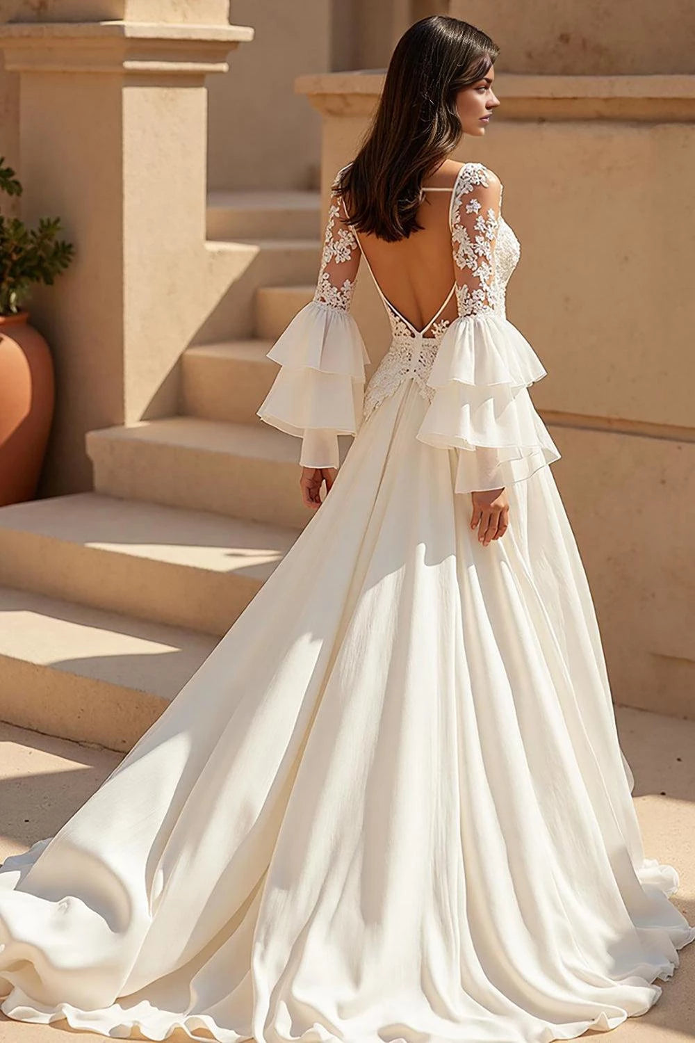 Romantic A Line Deep V Neck Ruffle Sleeve Open Back Floor Length Wedding Dress