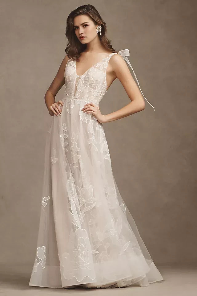 Romantic A Line Deep V Neck Sleeveless Bow Strap Open Back Floor Length Wedding Dress