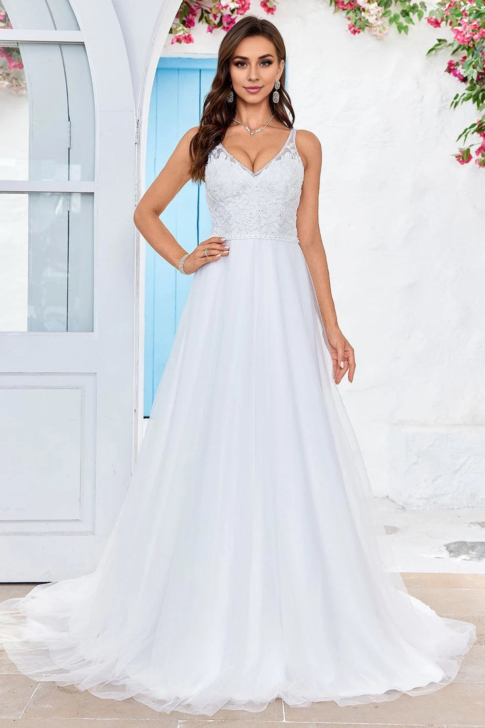 Romantic A  Line Deep V  Neck Sleeveless Lace  Back Maxi Wedding Dress
