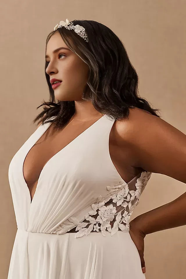 Romantic A Line Deep V Neck Sleeveless Lace Up Back Plus Size Floor Length Wedding Dress