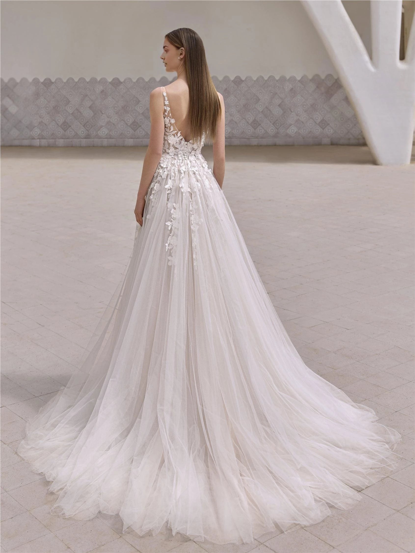 Romantic A Line Deep V Neck Sleeveless Open Back Floor Length Wedding Dress