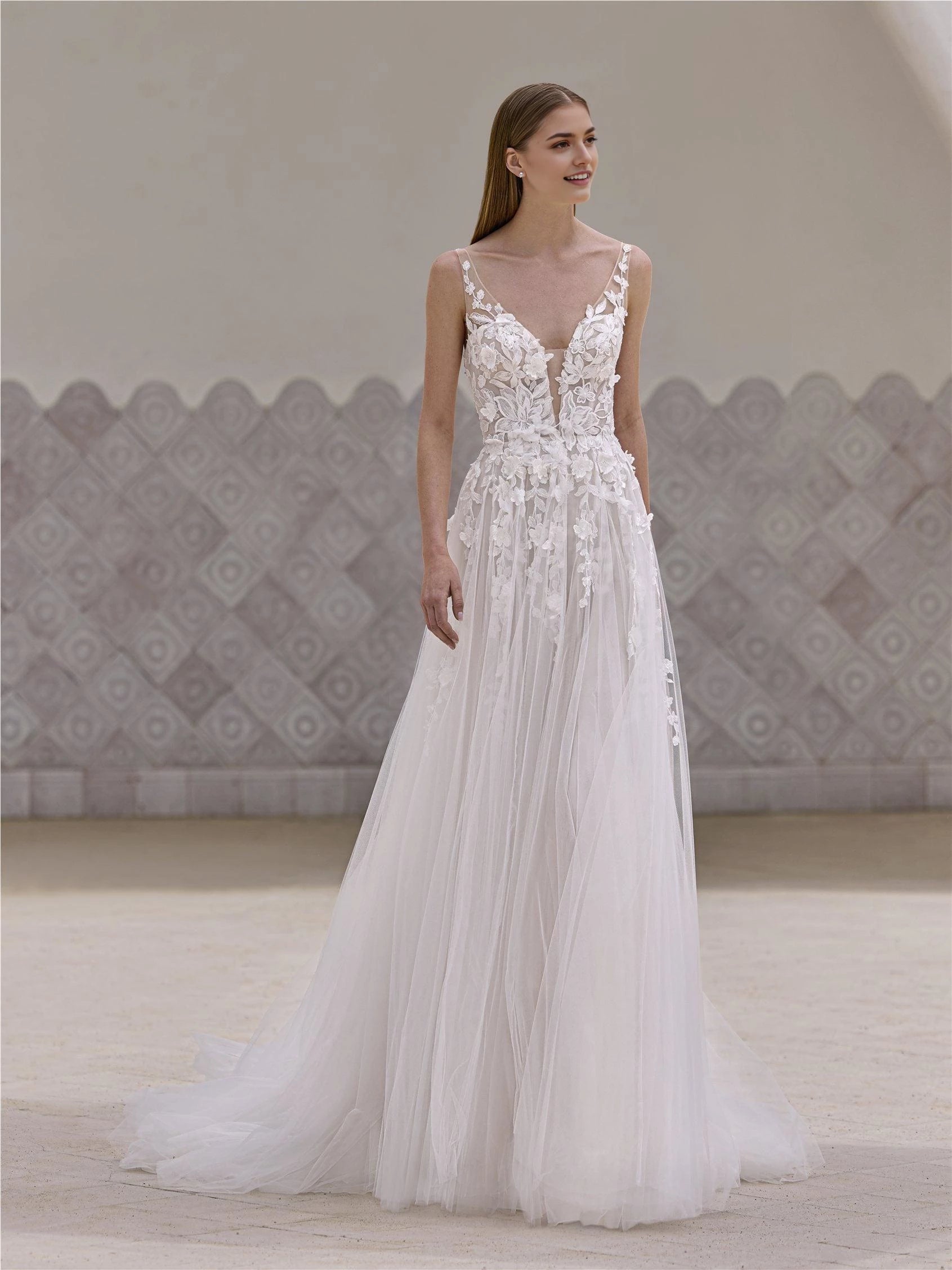 Romantic A Line Deep V Neck Sleeveless Open Back Floor Length Wedding Dress