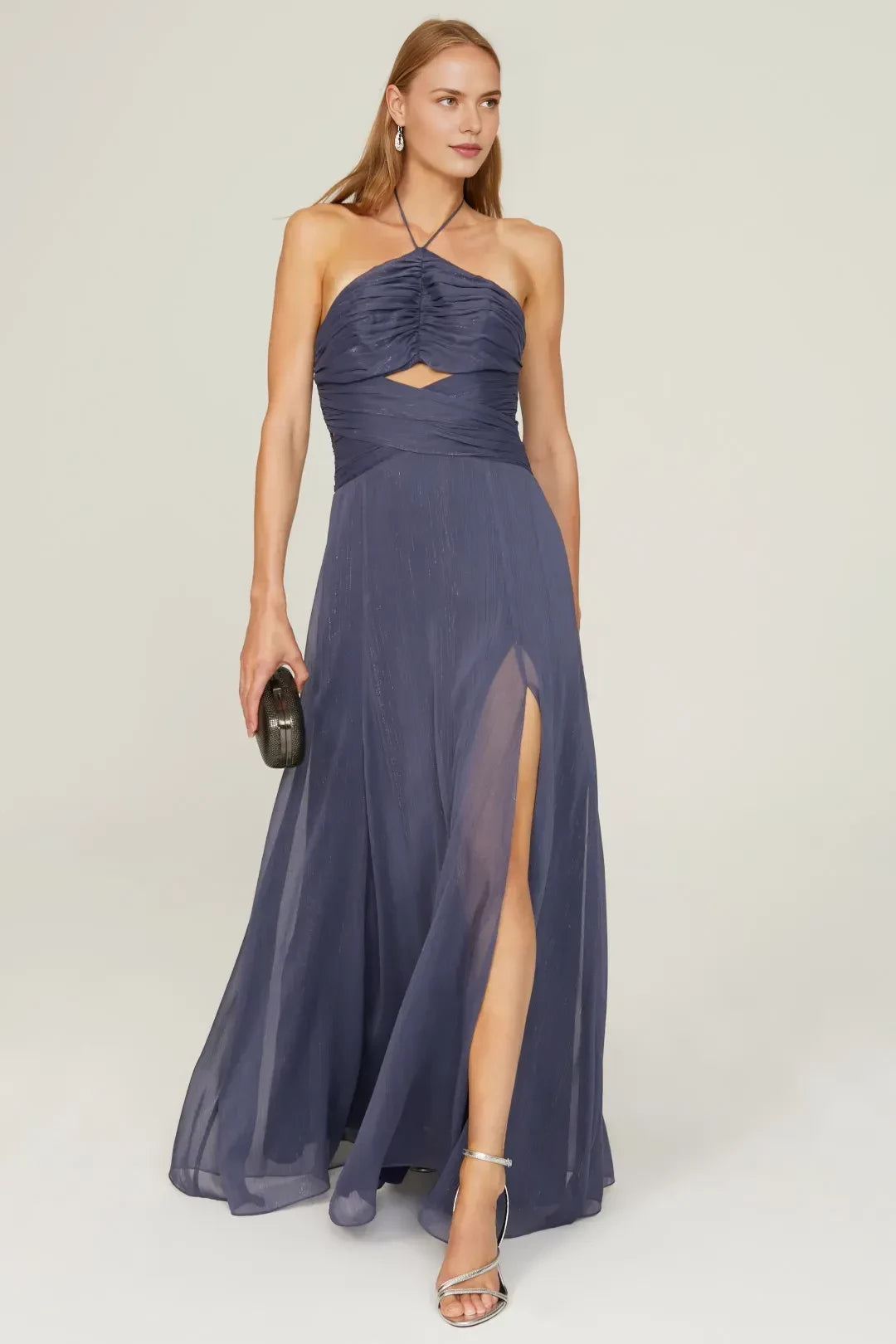 Romantic A Line Halter Neck Sleeveless Cutout Waist High Slit Floor Length Plus Size Prom Dress