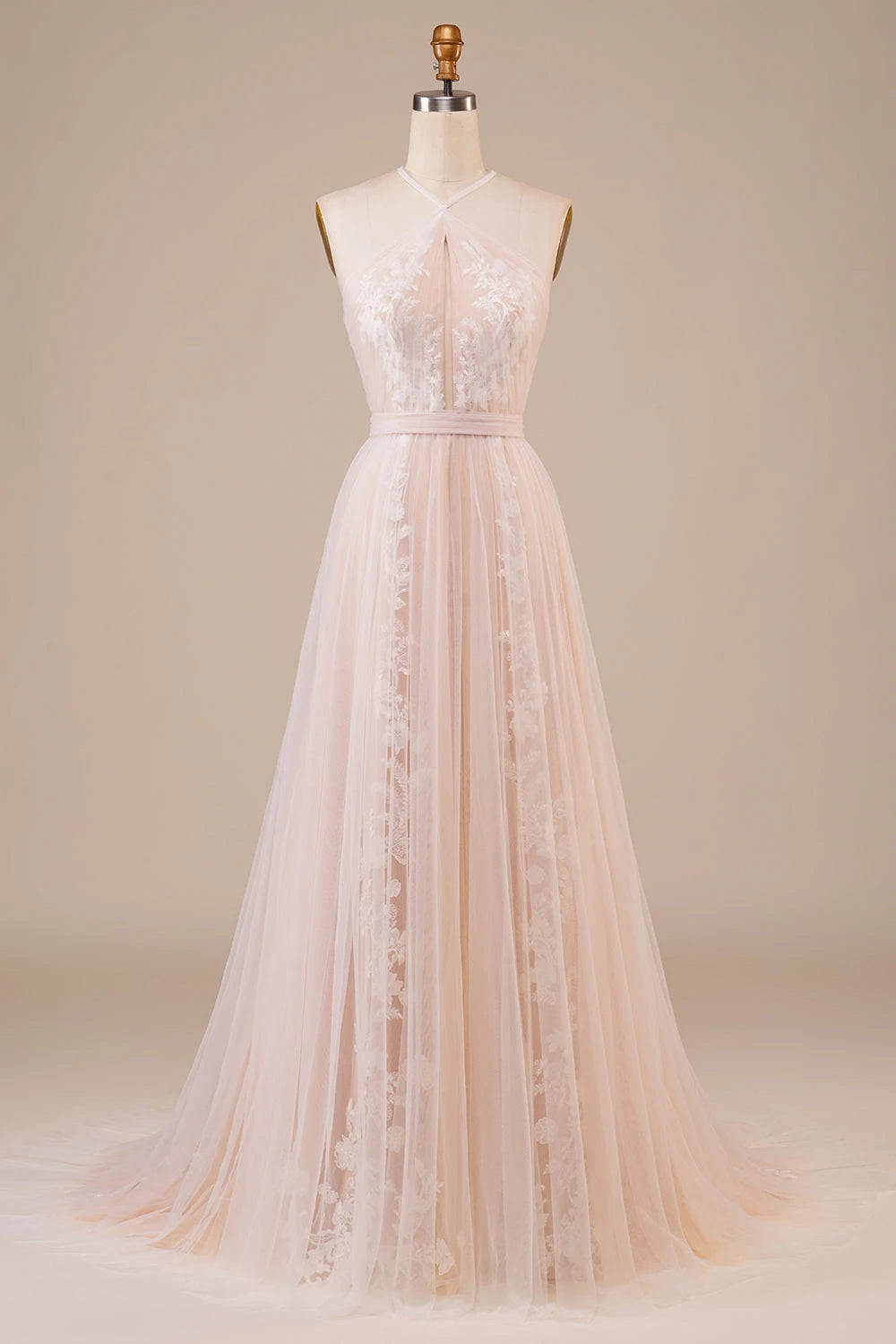 Romantic A Line Halter Neck Sleeveless Open Back Floor Length Evening Dress Wedding Dress