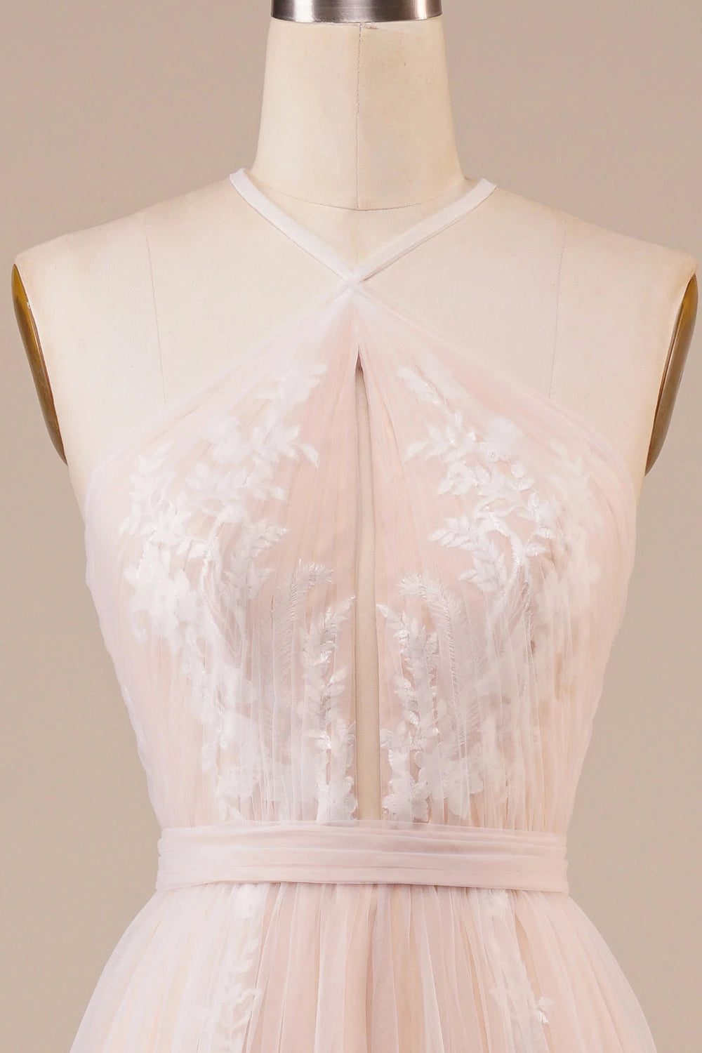 Romantic A Line Halter Neck Sleeveless Open Back Floor Length Evening Dress Wedding Dress