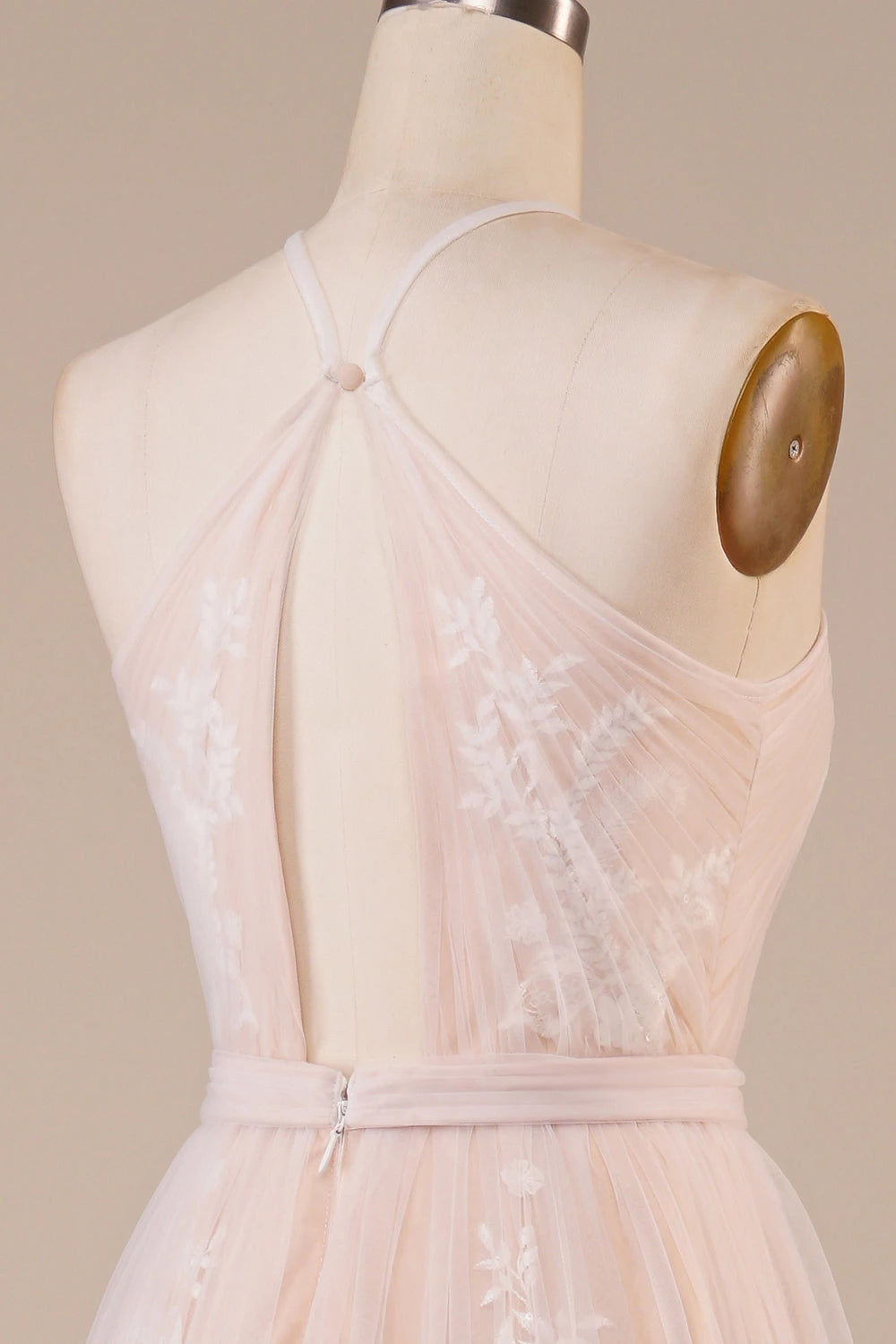 Romantic A Line Halter Neck Sleeveless Open Back Floor Length Evening Dress Wedding Dress