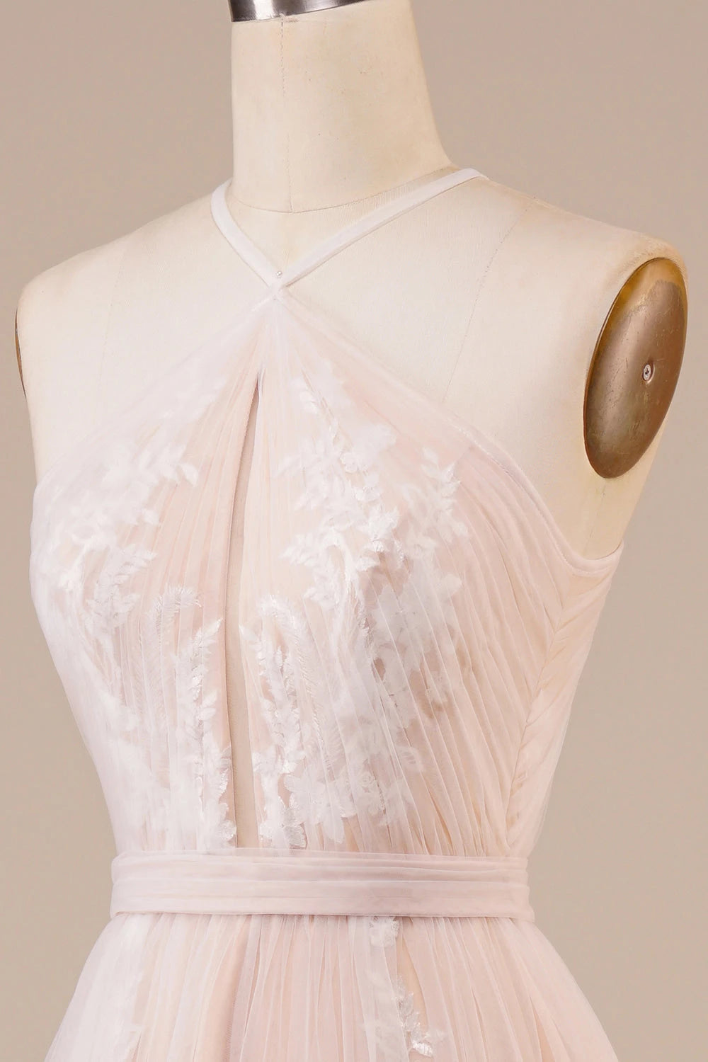 Romantic A Line Halter Neck Sleeveless Open Back Floor Length Evening Dress Wedding Dress