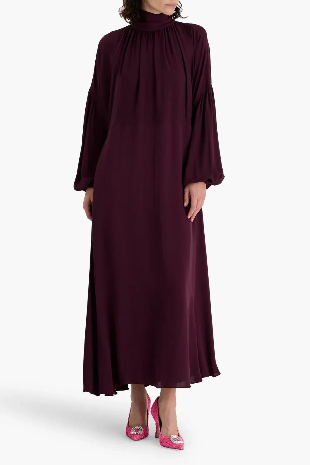 Romantic A Line High Neck Puff Sleeve Tie Back Floor Length Plus Size Evening Dress