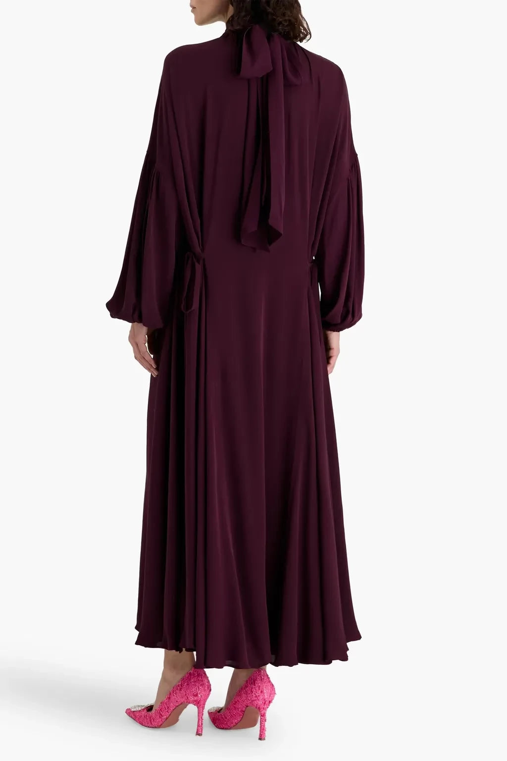 Romantic A Line High Neck Puff Sleeve Tie Back Floor Length Plus Size Evening Dress