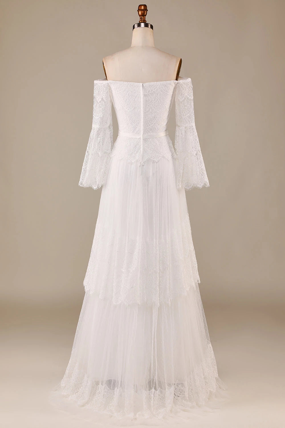 Romantic A Line Off Shoulder Bell Sleeve Zipper Back Maxi Wedding Dress