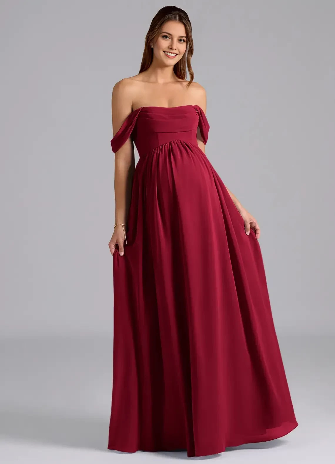 Romantic A Line Off Shoulder Draped Sleeve Open Back Floor Length Bridesmaid Dress