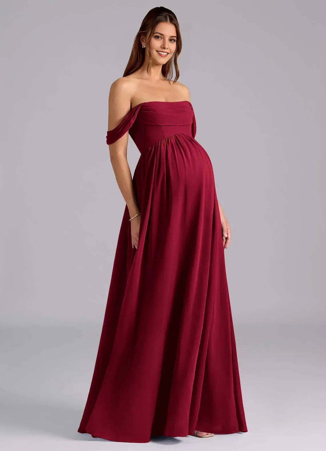 Romantic A Line Off Shoulder Draped Sleeve Open Back Floor Length Bridesmaid Dress
