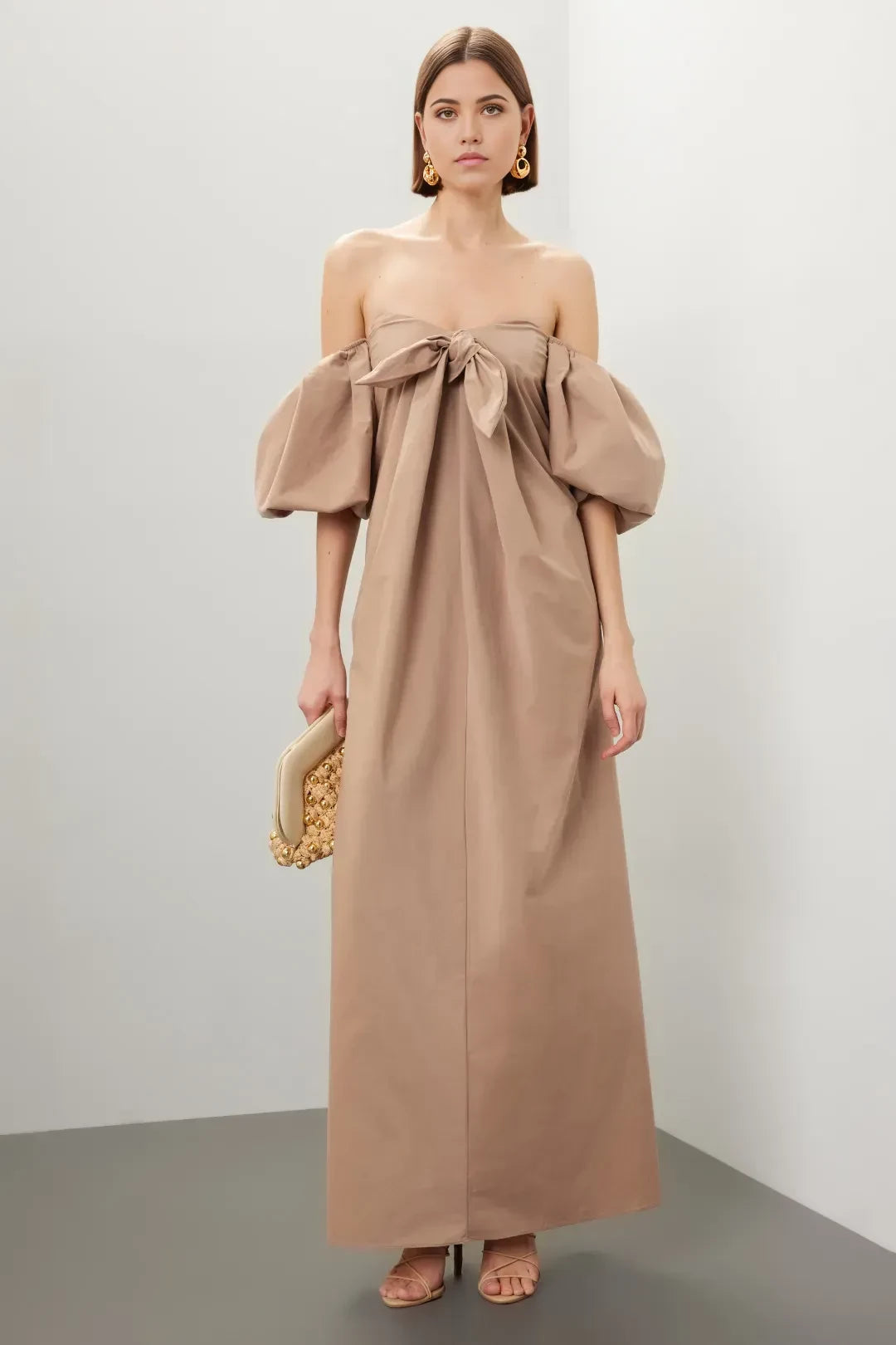 Romantic A Line Off Shoulder Puff Sleeve Bow Front Floor Length Plus Size Prom Dress