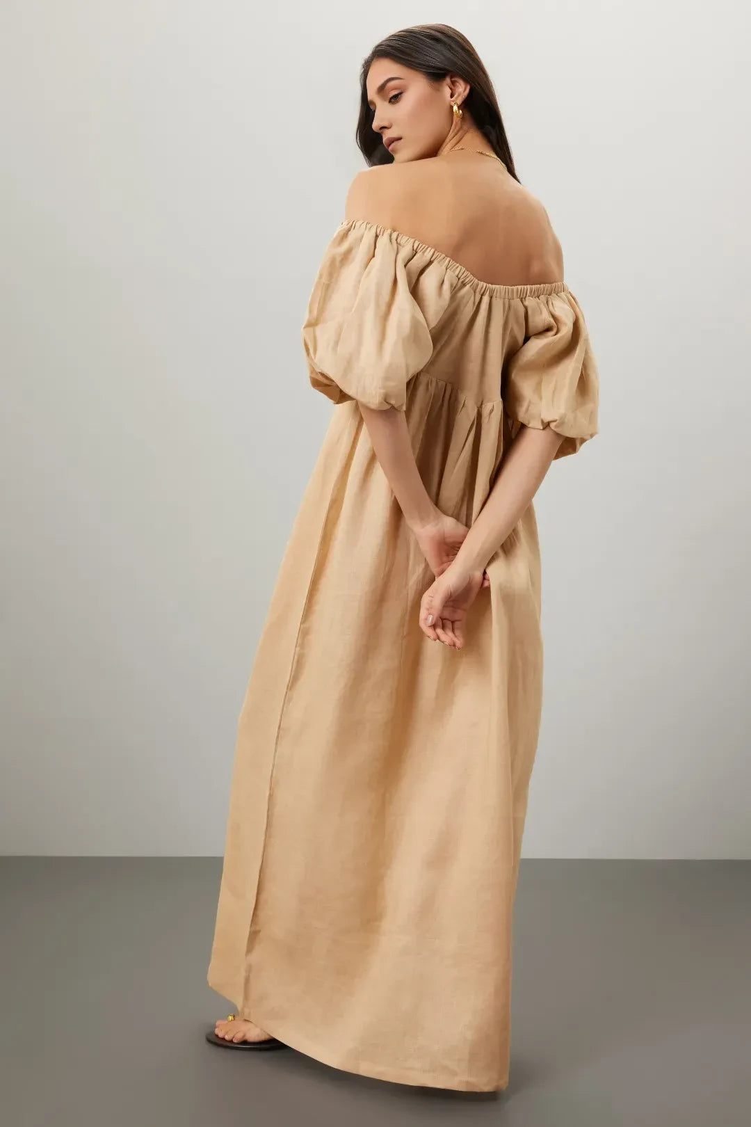 Romantic A Line Off Shoulder Puff Sleeve Flowy Floor Length Plus Size Prom Dress