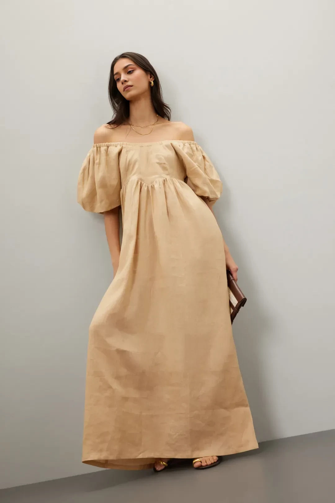 Romantic A Line Off Shoulder Puff Sleeve Flowy Floor Length Plus Size Prom Dress