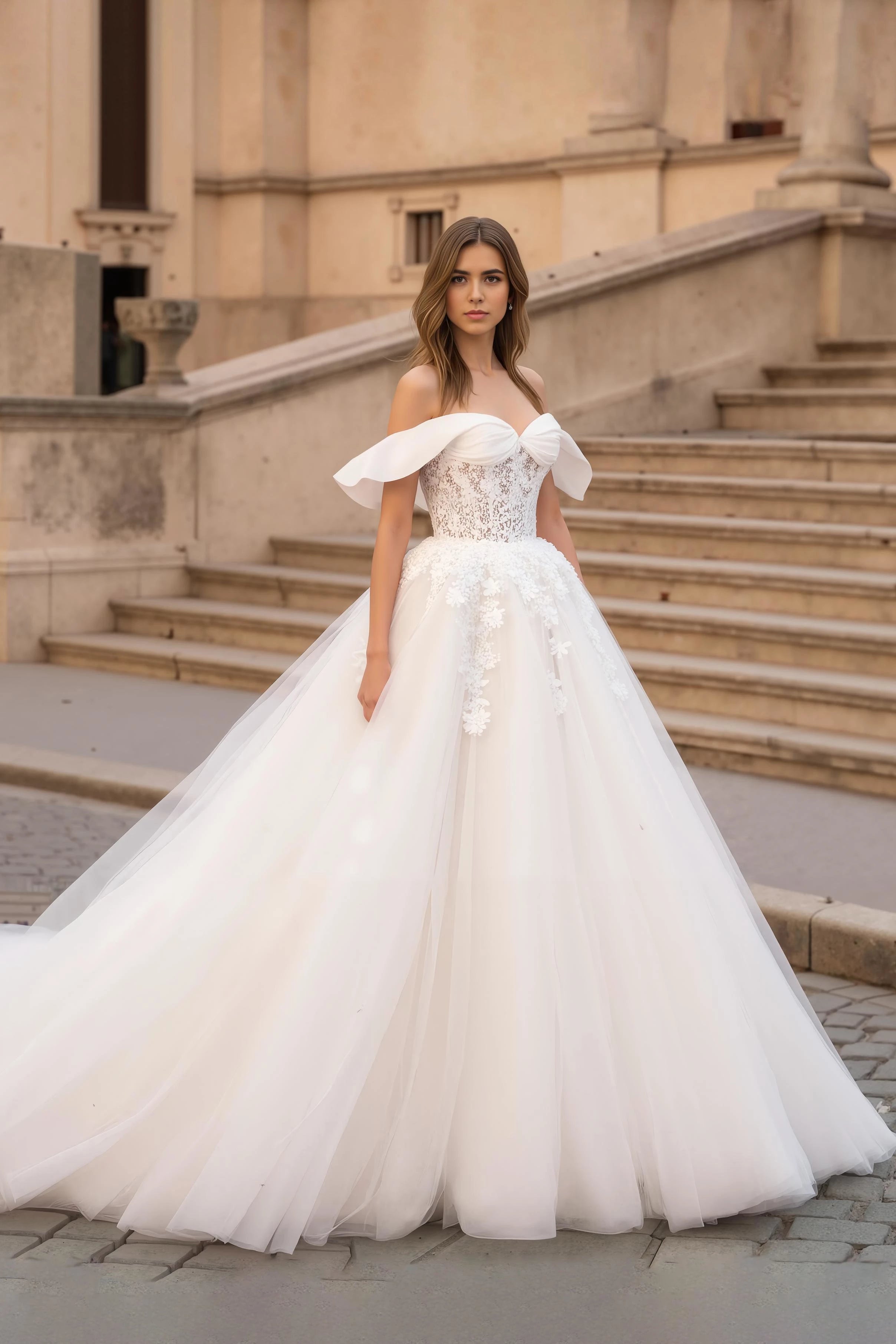 Romantic A Line Off Shoulder Ruffle Sleeve Open Back Floor Length Wedding Dress