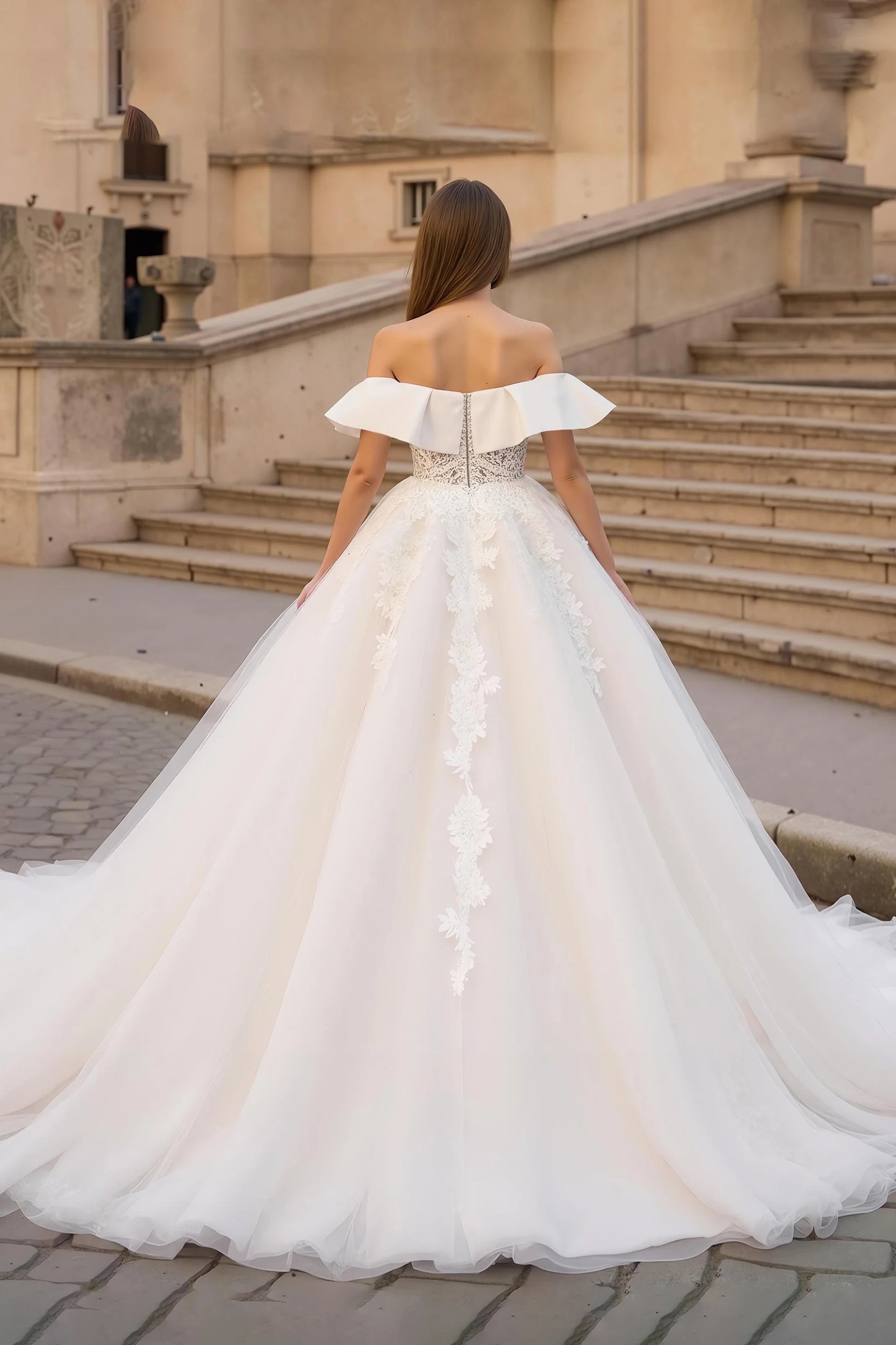 Romantic A Line Off Shoulder Ruffle Sleeve Open Back Floor Length Wedding Dress