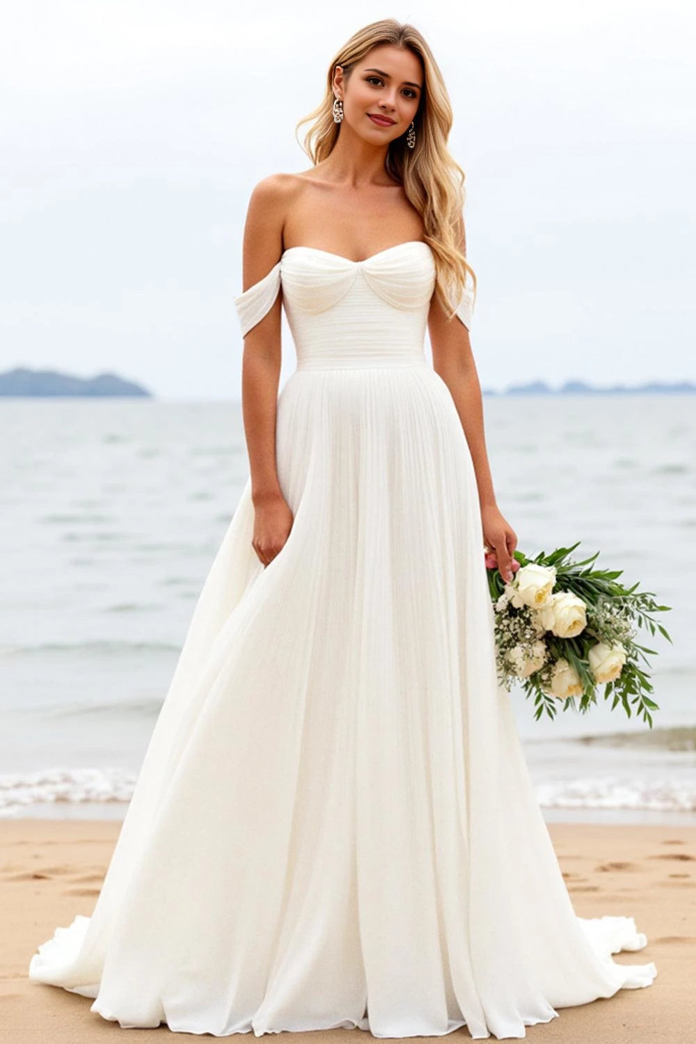 Romantic A Line Off Shoulder Short Sleeve Plain Back Floor Length Wedding Dress