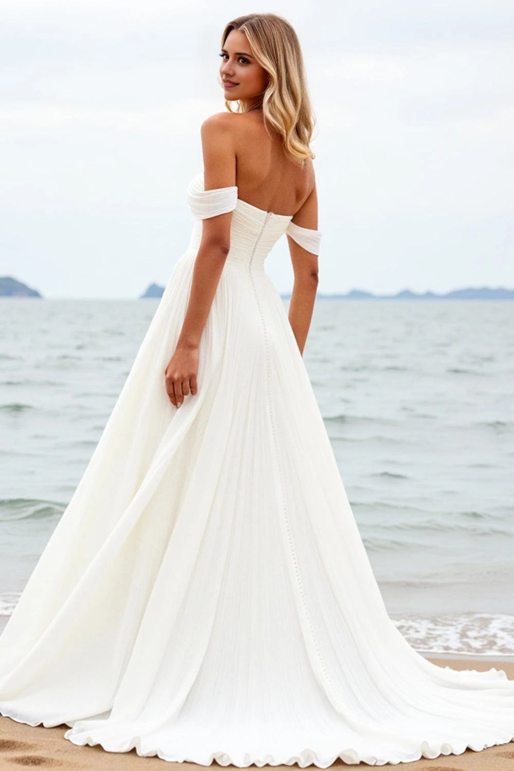 Romantic A Line Off Shoulder Short Sleeve Plain Back Floor Length Wedding Dress