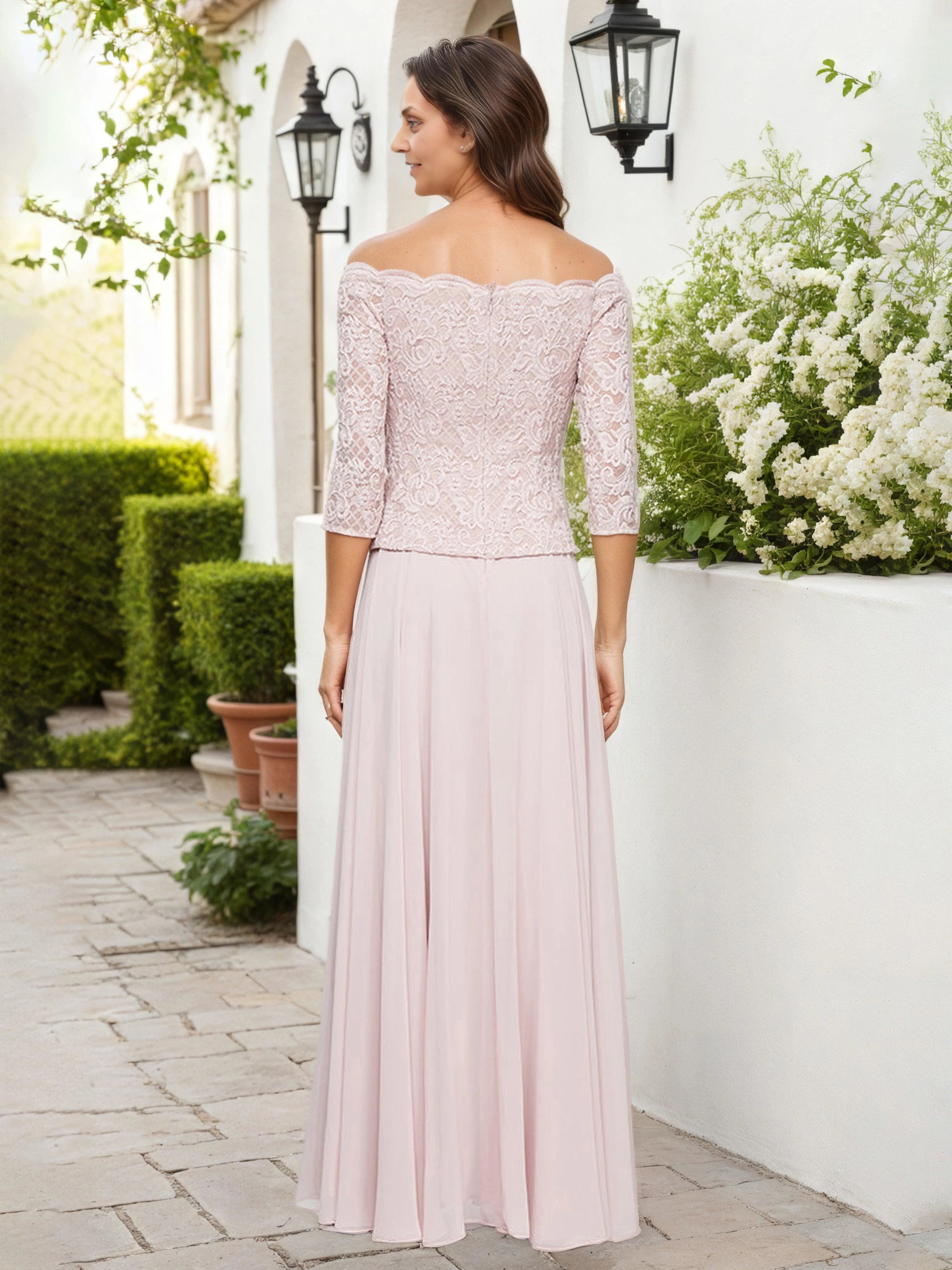 Romantic A Line Off Shoulder Three Quarter Lace Sleeve Zip Back Floor Length Mother of the Bride Dress