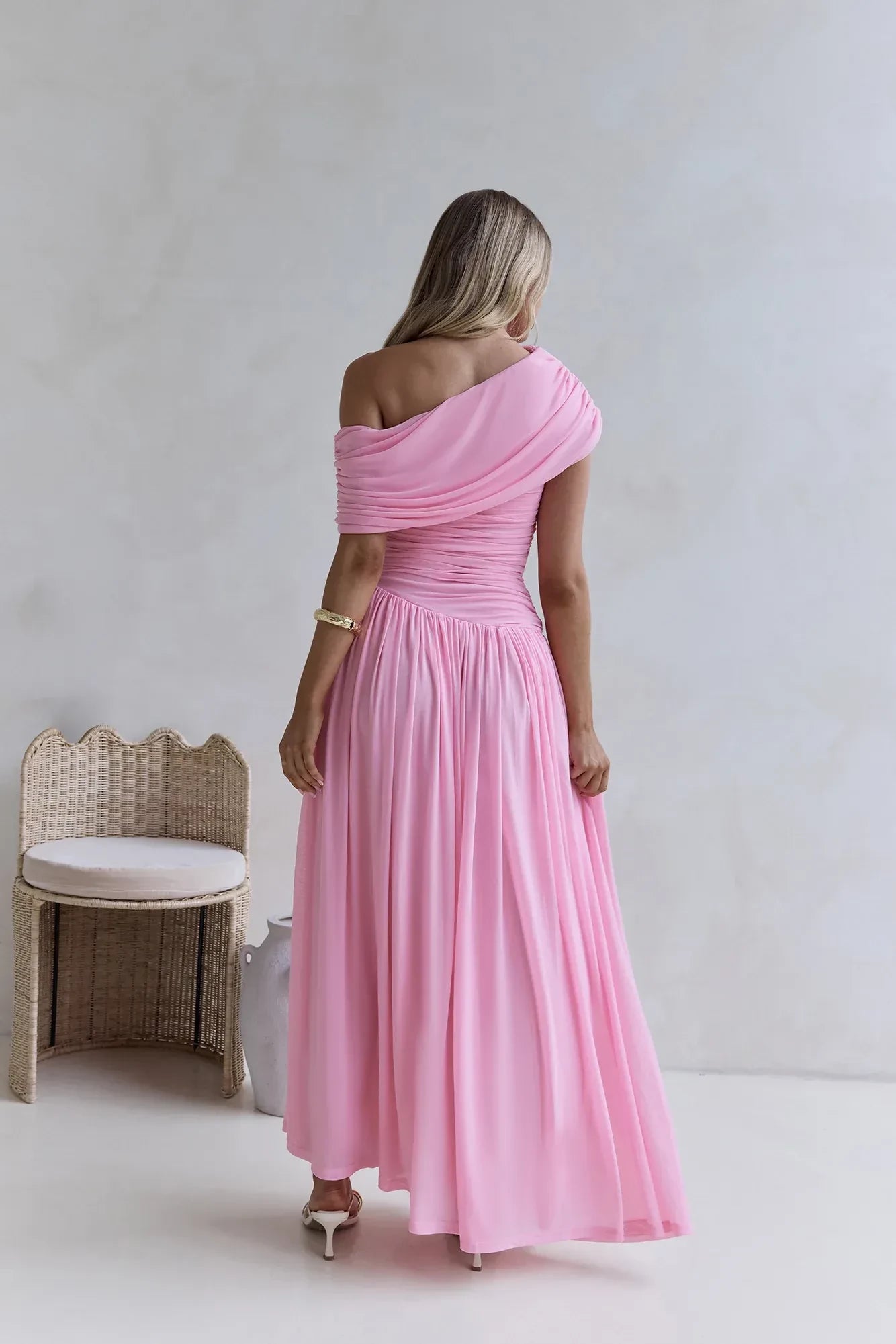 Romantic A Line One Shoulder Ruched Bodice Floor Length Prom Dress