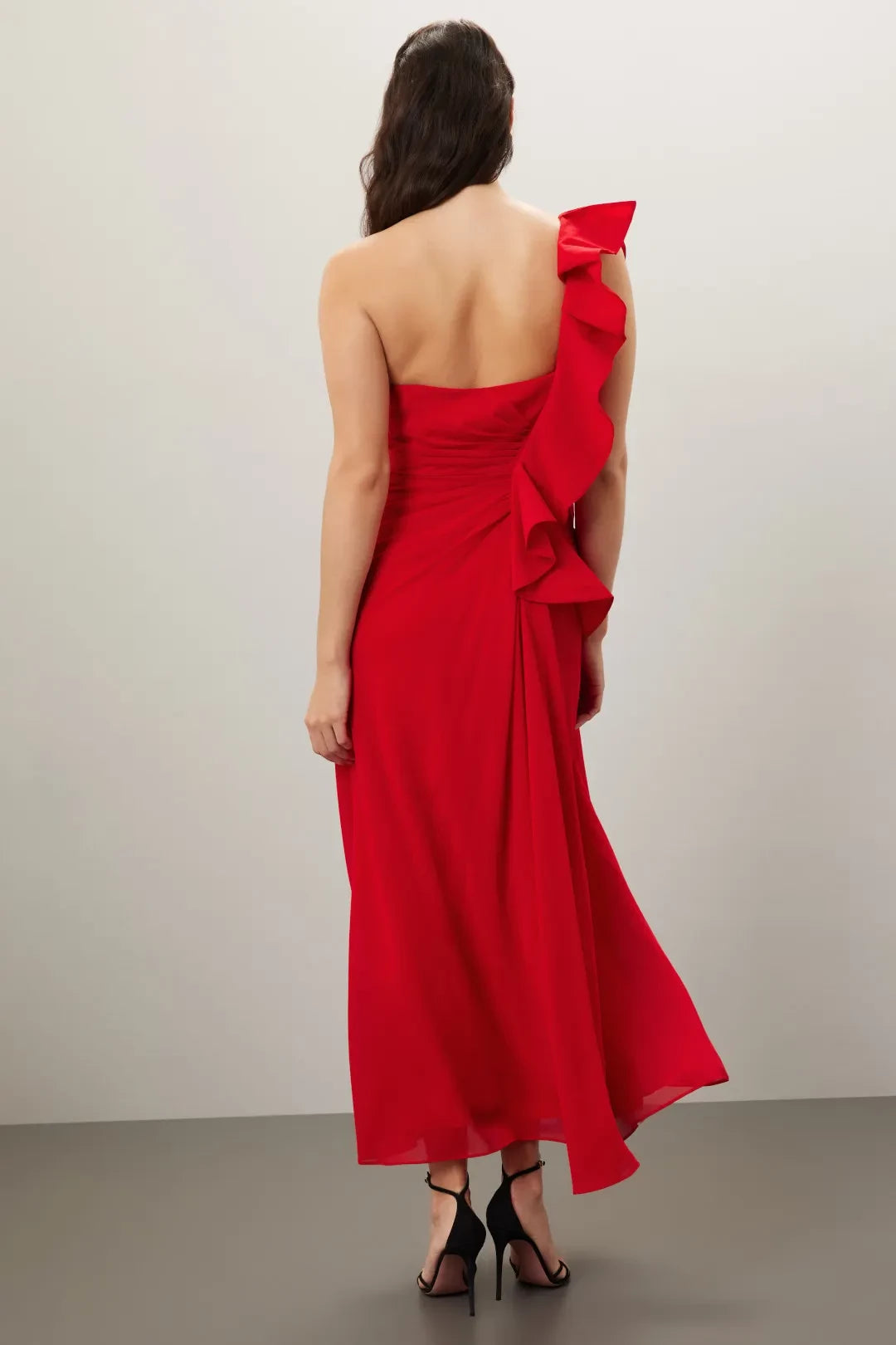 Romantic A Line One Shoulder Ruffled Sleeve Asymmetric Hem Plus Size Prom Dress
