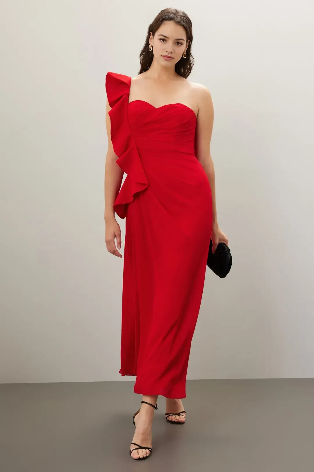 Romantic A Line One Shoulder Ruffled Sleeve Asymmetric Hem Plus Size Prom Dress