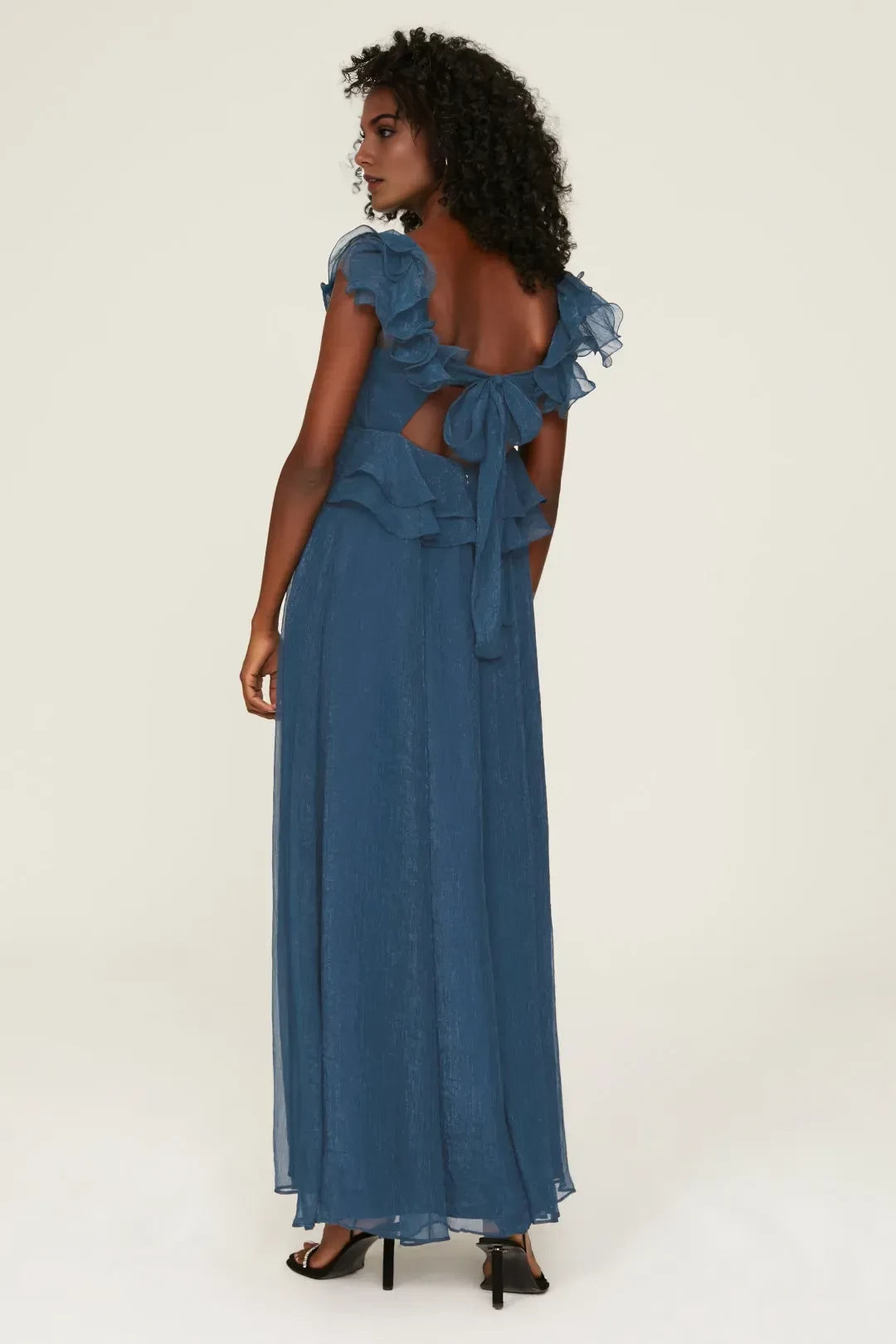 Romantic A Line Plunge Neck Ruffle Sleeve Bow Back Floor Length Plus Size Prom Dress