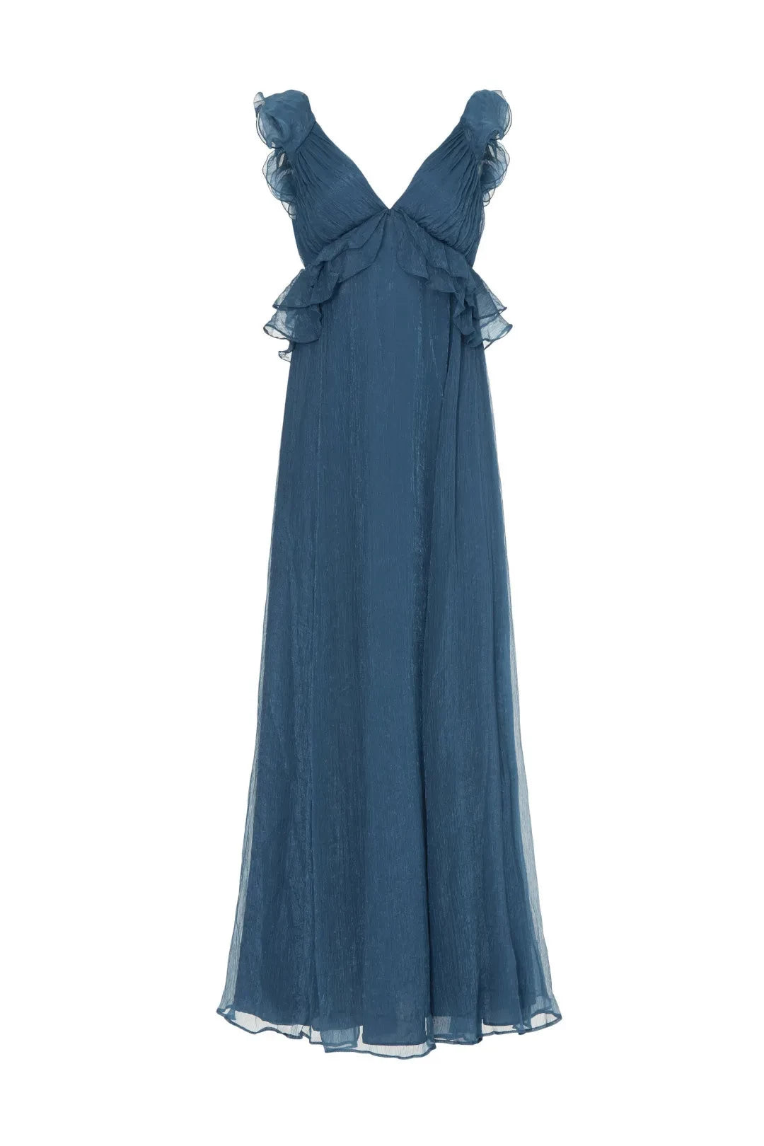 Romantic A Line Plunge Neck Ruffle Sleeve Bow Back Floor Length Plus Size Prom Dress