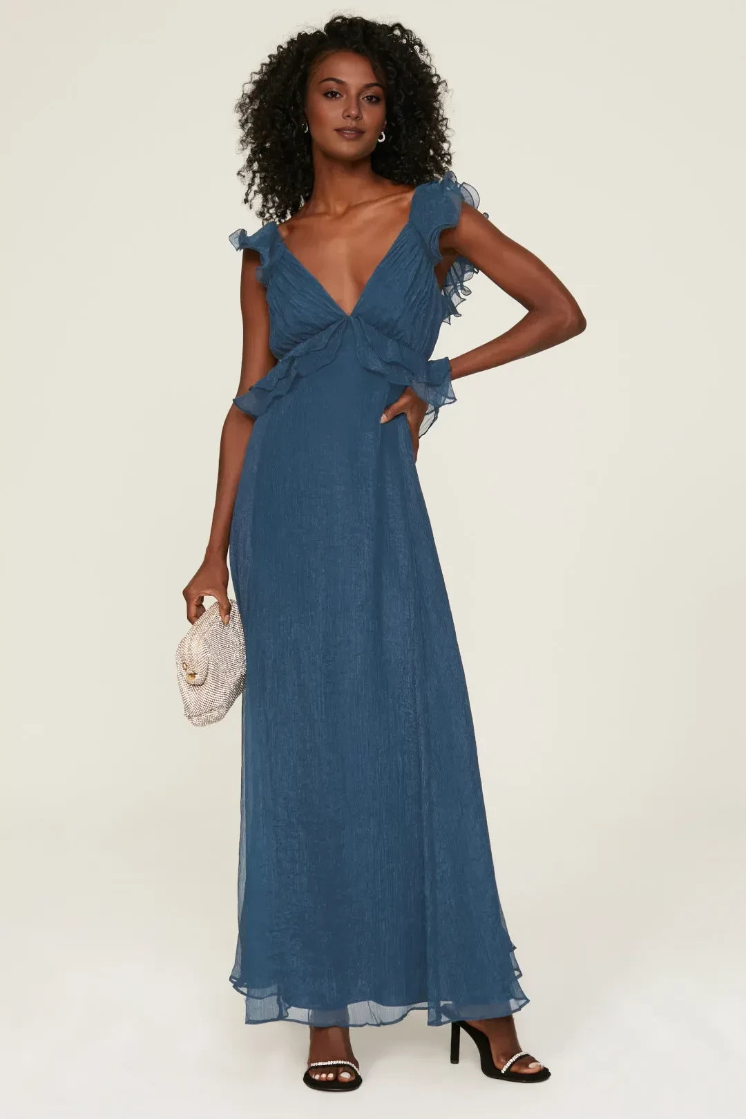 Romantic A Line Plunge Neck Ruffle Sleeve Bow Back Floor Length Plus Size Prom Dress