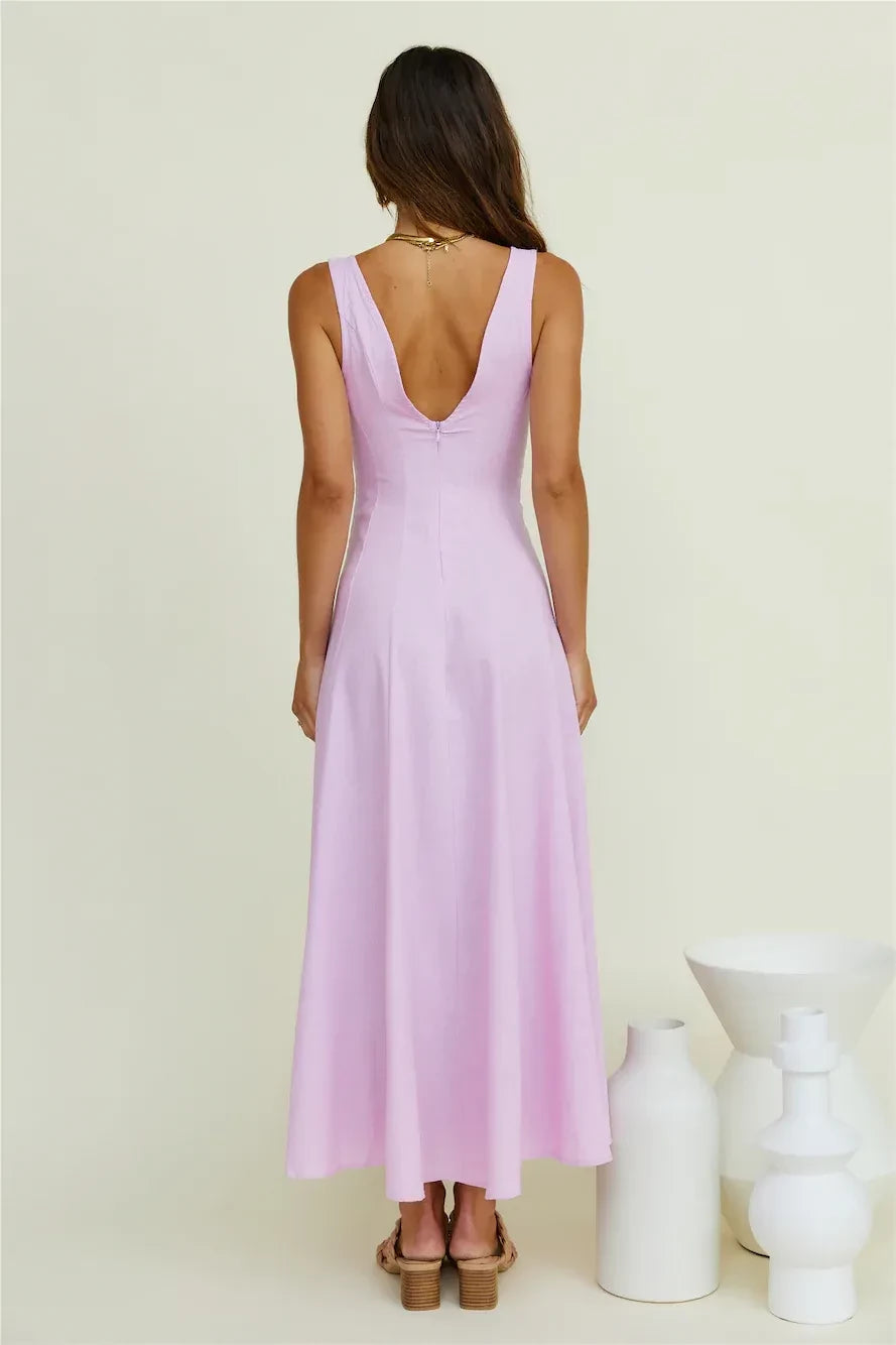 Romantic A Line Plunge Neck Sleeveless Open Back Floor Length Prom Dress
