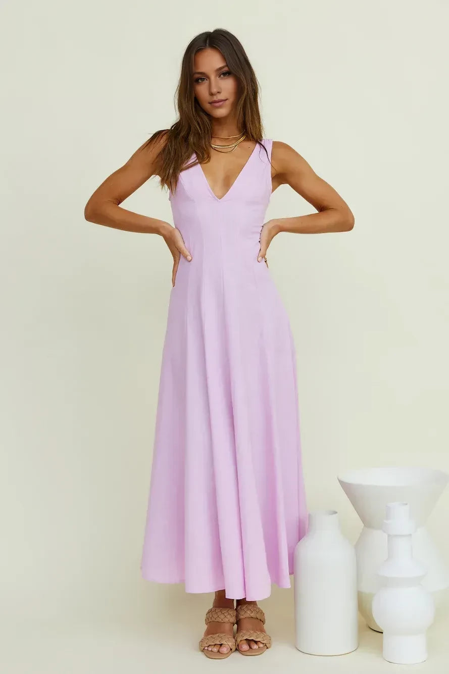 Romantic A Line Plunge Neck Sleeveless Open Back Floor Length Prom Dress